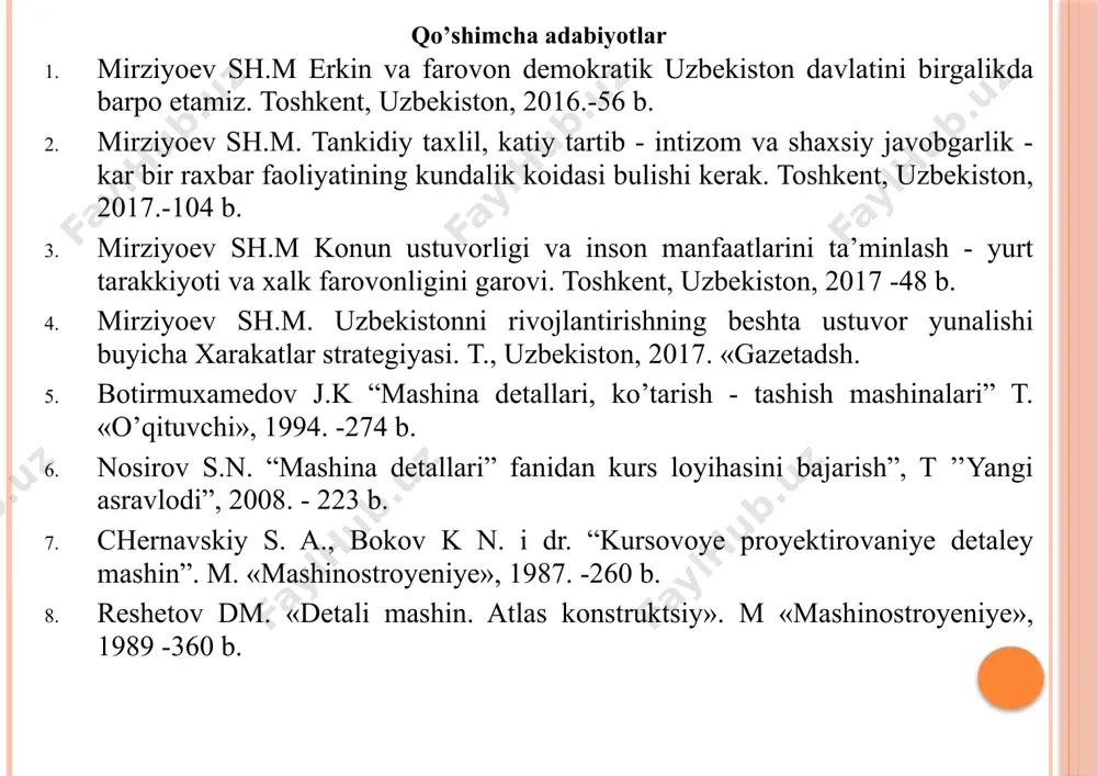 llarning ishlatilishi mashinaning tannarxini kamaytirish, ta’mirlash jarayonini yengillashtiradi. shuningdek, standart detallar maxsus zavodlarda tayyorlanganligi uchun ularning sifati yuqori va tannarhi arzon bo’ladi. loyihalanayotgan mashinalarga qo’yiladigan asosiy talab bu yangi texnologiyalarga javob berish , ya’ni: mashina detallari iloji boricha qayta ishlamay, payvandlash, aniq qiyma yo’li bilan tayyorlash; xar xil uzellardan bir xil detallar yig’ish; standart detallarni ishlatish; boshqa mashinalarda ishlatiladigan detallardan foydalanish; tayyorlash, yig’ish jarayonida robot va avtomatlardan foydalanish; avtomatik loyihalash va ularni avtomatlashtirish; tayyorlanayotgan mashinalarda yangi texnologiyaning ishlatilishi uning tannarhi, material hajmi, ishlatish va ta’mirlash jarayonlari bilan belgilanadi. detallarni ishlash layoqati va uni ta’minlash yаngi loyihalanayotgan mashina va detallar ishda ishonchli, aniq, mustahkam, ishlash muddati uzoq, yig’ish yengil, ish unumi yuqori,boshqarish qulay, o’lchamlari kichik, estetik ko’rinishli, iqtisodiy jihatdan tejamli bo’lishi kerak. loyihalanayotgan mashina detallarining ishlash layoqati ularning mustahkamligi, bikrligi, issiqqa, yeyilishga va titrashga chidamliligi bilan belgilanadi. detallarning ishlash layoqati uning ishlash sharoitiga qarab belgilanadi. detallarning qanday sharoitda ishlashiga qarab, qanday …