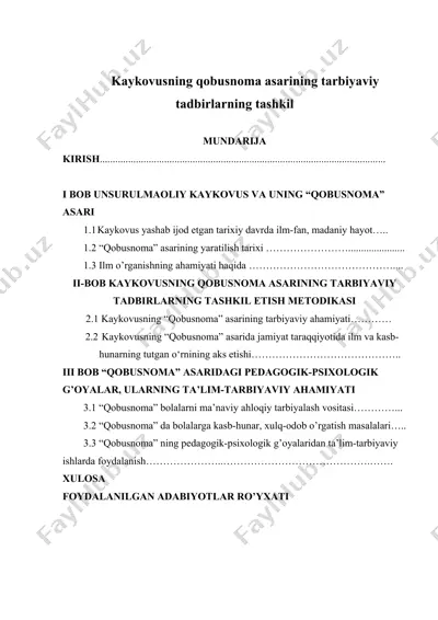 kaykovusning "qobusnoma" asarining tarbiyaviy tadbirlarning tashkili — DOC