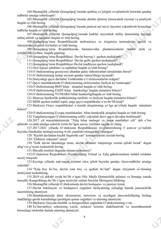 deganda nimani tushunasiz? 64. mustaqillik yillarida kichik bizness va hususiy tadbirkorlikka berilayotgan imkoniyatlar va uning ahamiyati haqida fikr bildiring? 65. mustaqillik iqtisodiyot bobida qanday imkoniyatlar yaratildi? 66. agrar islohotlarning natijalari haqida so‘zlab bering. 67. narxlarni erkinlashtirish qanday amalga oshirildi? 68. chet el sarmoyalarining o‘zbekiston iqtisodiyotiga jalb etilishi haqida nimalarni bilasiz. 69. engil va to‘qimachilik sanoatida qanday yangi korxonalar barpo etildi? 70. qishloq xo‘jaligini rivojlantirish borasida qanday tadbirlar amalga oshirilyapti? 71. aholini ijtimoiy himoyalash siyosati va amaliyoti haqida so‘zlab bering. 72. kadrlar tayyorlash milliy dasturining hayotga tatbiq etilishi va natijalari haqida so‘zlab bering. 73. kuchli ijtimoiy siyosat konsepsiyasining shakllanishi, bosqichlari va rivojlantirilishi haqida so’zlab bering. 74. nodavlat notijorat tashkilotlarining ijtimoiy himoya va manzilli ijtimoiy yordamni amalga oshirishdagi ishtiroki haqida gapiring. 75. o’zbekiston respublikasi “korruptsyiyaga qarshi kurashish to’g’risida” gi qonunning mazmun- mohiyati nimada? 76. aholining huquqiy ongi va huquqiy madaniyatini yuksaltirish, jamiyatda korrupstiyaga nisbatan murosasiz munosabatni shakllantirish uchun qanday ishlarni amalga oshirish …