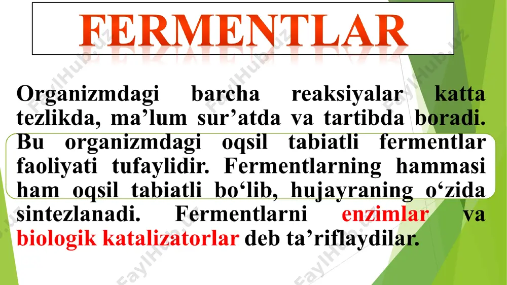 urli) moddalarni parchalash va sintezlash 13 oksidoreduktazalar ozuqa mahsulotlarini kislorodni yo’qotish 14 glyukozooksidaza sut mahsulotlarining sterilizasiyasidan keyin vodorod peroksidini yo’qotish fermentlar olish texnologiyasi fermentlardan biotexnologik va boshka xalq xo’jalik maqsadlarida foydalanish bir necha ming yillik tarixga ega bo’lsada, amaliyotda katta axamiyatga ega bo’lgan ish birinchi bo’lib tirik xujayralardan buxner 1897 yilda aktiv fermentlar ajratib olinishidan boshlanadi. buxner ishlaridan so’ng 1926 yilda amerikalik bioximik samner fermentlarini kristall holatda ajratib olish usulini ajratib oldi va toza ureaza fermentini ajratib oldi. amerikalik bioximik j.nortrop kristall xolda tripsin, pepsin, ximotripsinni ajratib oldi. bu ishlari uchun samner bilan birgalikda nobel mukofotiga sazovor bo’lishdi. fermentlarni to’qima gomogenatlari va ekstraktlaridan ajratib olish mumkin. buning uchun bir yoki bir necha bioximik reaksiyalarini alohida ajratuvchi spetsifik ingibitorlar qo’llash orqali xalaqit beruvchi fermentlar aktivligi yo’qotiladi. ko’pchilik kofermentlar turli xil fermentlar tomonidan katalizlanadigan fermentativ jarayonlarda ishtirok etishi mumkin. shu sababli u yoki bu ferment qaysi reaksiyani katalizlayotganligini bilish qiyin. shuning uchun …