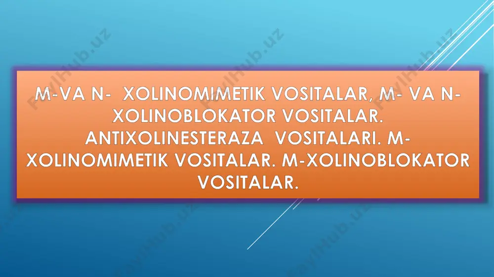 u dori ax o’xshaydi, lekin xolinesteraza fermenti uni gidrolizlamaydi, shuning uchun u turg’un va ta’siri davomlidir. karboxolin m-van-xolinoresteptorlarni baravariga qo’zg’atadi ax chaqirgan o’zgarishlar sodir bo’ladi. tibbiyotda karbaxolin glaukomada, ichak va peshob pufagini atoniyasini bartaraf qilishda qo’llaniladi. antixolinesteraz vositalar ular axni gidrolovchi xolinesteraza fermenti faolligini susaytirib gangliya va neyroeffektor sinapslarda axni to’planishiga olib keladilar. bunda axning kuchli va davomli ta’siri yuzaga chiqadi, xuddi m-van-xolinoresteptorlari qo’zg’algandek, lekin ta’sir bunda bevosita emas, balki bilvosita, ya’ni ushbu gurux preparatlari xolinoresteptorlarga o’zlari ta’sir ko’rsatmaydilar . astetilxolinesteraza fermenti bilan xosil qiladigan birikmasining tabiatiga qarab antixolinesteraz vositalar 2ga bo’linadi: qaytar ta’sirli dorilar (fizostigmin, prozerin, galantamin) qaytmas ta’sirli dorilar (fosfakol, fosfororganikbirikmalar) antixolinesteraz vositalar quyidagi xastaliklarni davolashda qo’llaniladi: glaukoma (prozerin, fizostigmin, fosfakol). galantamin bu kasalliklarda ishlatilmaydi, chunki maxalliy qitiqlovchi xususiyatiga ega, konyuktivani shishiga olib keladi; o’tkazilgan polimielitni qoldiq xolatlarini va miasteniya bilan kechuvchi boshqa nevrologik xastaliklarda qo’llaniladi. chunki antixolinesteraz moddalar mnsni kuzatadi va nerv-mushak sinapslari o’tkazuvchanligini oshiradilar. bunday xolatlarda …