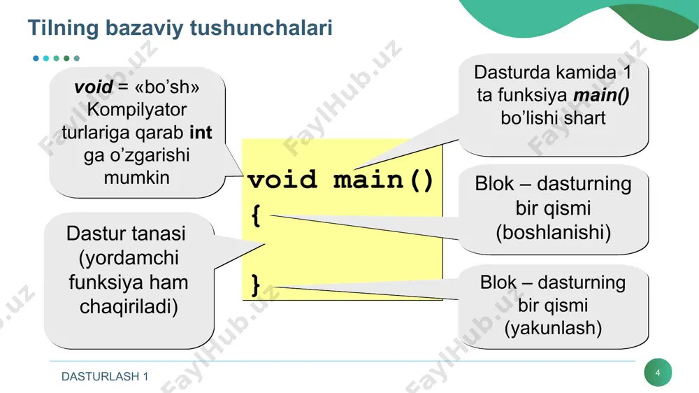 misol uchun: x+ = 4 ifoda x = x+4 ifodaga ekvivalentdir; x* = a ifoda x = x*a ifodaga ekvivalentdir; x/ = a+b ifoda x = x/(a+b) ifodaga ekvivalentdir; dasturlash 1 * shartli amal shartli amal ternar amal deyiladi va uchta operanddan iborat bo‘ladi: ? : shartli amal bajarilganda avval 1- ifoda hisoblanadi. agar 1-ifoda qiymati 0 dan farqli bo‘lsa 2- ifoda hisoblanadi va qiymati natija sifatida qabul qilinadi, aks holda 3-ifoda hisoblanadi va qiymati natija sifatida qabul qilinadi. misol uchun modulni hisoblash: x - katta, >= - katta yoki teng mantiqiy amallar ! - inkor && - kon'yunksiya (mantiqiy ko’paytirish) || - diz'yunksiya (mantiqiy qo’shish) dasturlash 1 * mantiqiy amallar jadvali x u !x x||y x&&y 0 0 1 0 0 0 1 1 1 0 1 0 0 1 0 1 1 0 1 1 dasturlash 1 * taqqoslash amallari amallar qo’llanilishi mazmuni (o’qilishi) a>b “a katta b” …