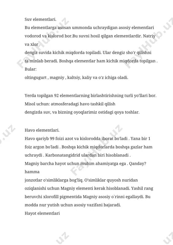 entlar metallar mavjud. metallar, elektr va issiqlik o'tkazadi. ko'pchilik metallar yaltiroq,qattiq, kuchli materiallar hisoblanadi. ular qiyin eriydi. lekin, hamma metallar ham qattiq emas misol: natriy va kaliy yumshoq metallar. ko`pgina metallar kislorod bilan reaksiyaga kirishib oksidi hosil qiladi. temir bilan havoda kislorod reaksiyaga kirishib qirmizi rangli temir oksidini hosil qiladi va bu " zang " deyiladi . lekin alyuminiy kabi ba'zi metallar bilan oksidi parda hosil qiladi.bu qoplama himoya metallarni zanglashdan himoya qiladi . . mis elektr yaxshi o'tkazgich hisoblanadi . temir juda kuchli. shunday qilib, temir va po'lat ko'pincha osmono'par binolar, ko'priklar va boshqa tuzilmalarni yaratish uchun ishlatiladi . alyuminiy ham kuchli. bu temirdan engilroq bo'ladi . faqat temir, kobalt va nikel elementlar magnitga tortilish hususiyatiga ega elementlar hisoblanadi
