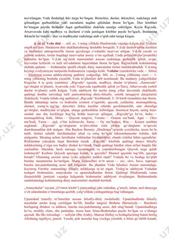 bо‘lib, undan faqat 76 tasi rigvedada uchramaydi. undagi she’rlar rigvedaning viii va ix mandalasidan olingan bо‘lib, tantanali qurbonlik marosimi paytida о‘qiladi. tо‘plam ikki qismdan iborat: birinchi qism hajmi agni, indra, sama xudolariga, ikkinchi qism somaga qurbonlik keltirish marosimida aytiladigan qо‘shiqlardan iborat. samovedaning maqsadi diniy marosimlarda aytiladigan qо‘shiqlarni о‘rgatishdan iborat. hindistonda hozirda ham vedalarni kuyga solib kuylovchilar-samovedinalar saqlanib, ularning maktablari mavjud. yajurveda. yajurveda shrauta (qurbonlik marosimi) bilan bog‘liq bо‘lib, uning asosiy qismini qurbonlik usullari – yajus tashkil etadi. bu marosimlarda tо‘lin oyli tunda, yangi oy chiqqan payti agni uchun qurbonliklar о‘tkazilgan. vedaning bu maktablari qora va oq yajurvedaga bо‘lingan. qora yajurvedaning turli maktablarga xos bо‘lgan katxoxa, kapishtxala-katxa, maytrayani, tayttiriya kabi tahrirlari mavjud. oq yajurvedaning vajasaneyi nomli birgina tahriri bor. yajurvedaning tarkibi uch asosiy bosqichni tashkil etadi. i.marosim. ii. yajus va mantralar. iii. braxmana sharhlari. atxarvaveda. u mil.av. 1-ming yilliklar boshlariga borib taqaladigan qadimiy hind afsunlarini о‘zida aks ettirgan. qadimiy hind jamiyatida …