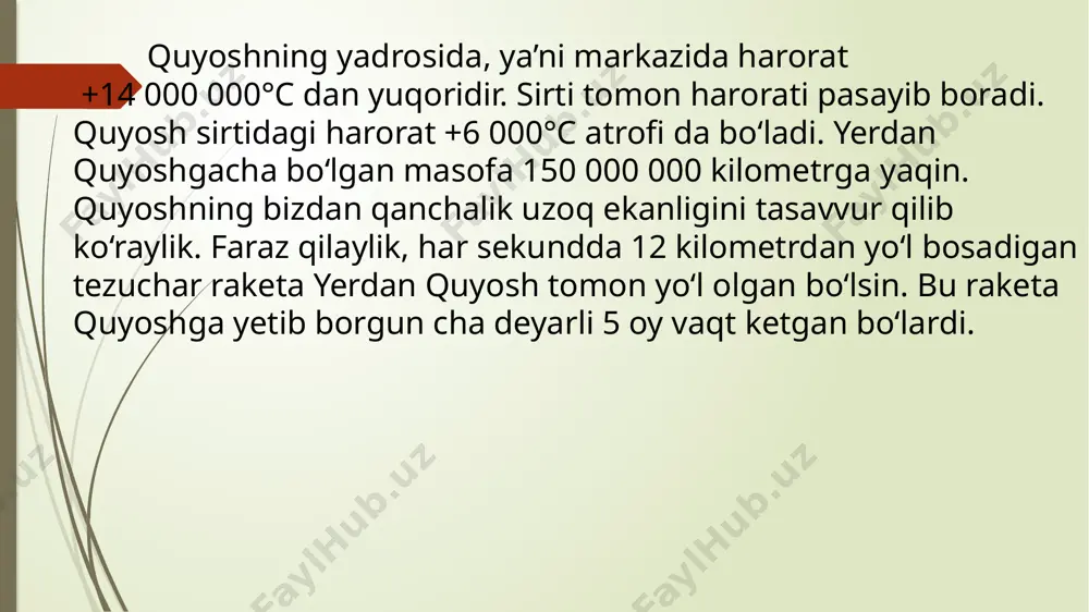n. lekin yer shari zarar ko‘r magan. yerni o‘rab turgan havo bizni kometalardan himoya qilib turadi. asteroidlar quyosh sistemasida sayyoralar va kometalardan tashqari, son-sanoqsiz «daydi toshlar», ya’ni asteroidlar ham mavjud. yer shari atrofida juda ko‘p «daydi toshlar» sayyoramiz bilan yonma-yon quyosh atrofi da aylanib yuradi. ularning ayrimlari sayyoramizga yaqinlashganda, yer shari ularni o‘ziga tortadi. nihoyatda katta tez lik bilan yerga uchib kelayotgan bunday «daydi toshlar» havoda yona boshlaydi. meteorlar va meteoritlar «meteor» so‘zi «osmon hodisa si» degan ma’noni bildiradi. havoda yonib, yorug‘ iz qoldiradigan osmon jismi meteor deb ataladi. yerga tushgan meteorlar meteoritlar deb ataladi. yerni o‘rab turgan havo bizni meteorlardan himoya qilib turadi. oy – yerning tabiiy yo‘ldoshi biz yashayotgan sayyoraning tabiiy yo‘ldoshi bo‘lgan oy yer atrofi da doimiy ravishda aylanib yuradi . oy yer sharini 27 sutka 8 soatda bir marta aylanib chiqadi. uning yerdan uzoqligi 384 400 kilometrga teng. oy quyoshga qaraganda bizga 390 marta yaqin. oy …