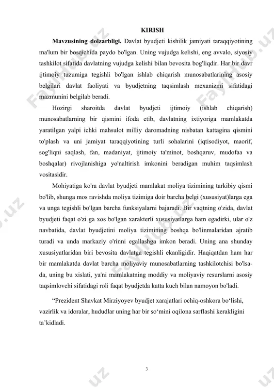 ga va o'zlariga tegishli byudjet huquqlaridan foydalanadilar. davlat byudjetiga xos ana shu xarakterli belgilar mablag'lar bilan manyovr qilish va nozik byudjet siyosatini amalga oshirish uchun keng imkoniyatlar yaratib beradi. kurs ishining masqadi va vazifalari. kurs ishining asosiy maqsadi o`zbekiston respublikasi davlat byudjetining ijrosini to`la ta’minlash yuizasidan kelib chiqadigan muammolarni o`rganish va shu bo`yicha muammolarni bartaraf etish yo`llarini ishlab chiqishdan iborat. kurs ishining asosiy vazifalari. kurs ishining maqsadidan kelib chiqb quyidagilar vazifa etib belgilandi: · byudjet ijrosining mohiyati va uning ijrosini ta’minlash tizmini o`rganib chiqish; · byudjet ijrosini ta’minlashga ta’sir etuvchi omillarni o`rganish; · byudjet ijrosini bajarilishi ustidan davlatning nazorat dastaklarini tahlil qilish; · byudjet ijrosi bajarilganlik haqida yakuniy tahlil yuzasidan fikr va takliflar ishlab chiqish; · byudjet ijrosini unga ta’sir ko`rsatuvchi omillar yordamida prognozlash. kurs ishining strukturasi va hajmi. kurs ishi kirish, asosiy qism, uchta reja, xulosa va foydalanilgan adabiyotlar ro’yhatidan iborat. ishning hajmi o`ttiz to`rt bet va ikkita rasm …