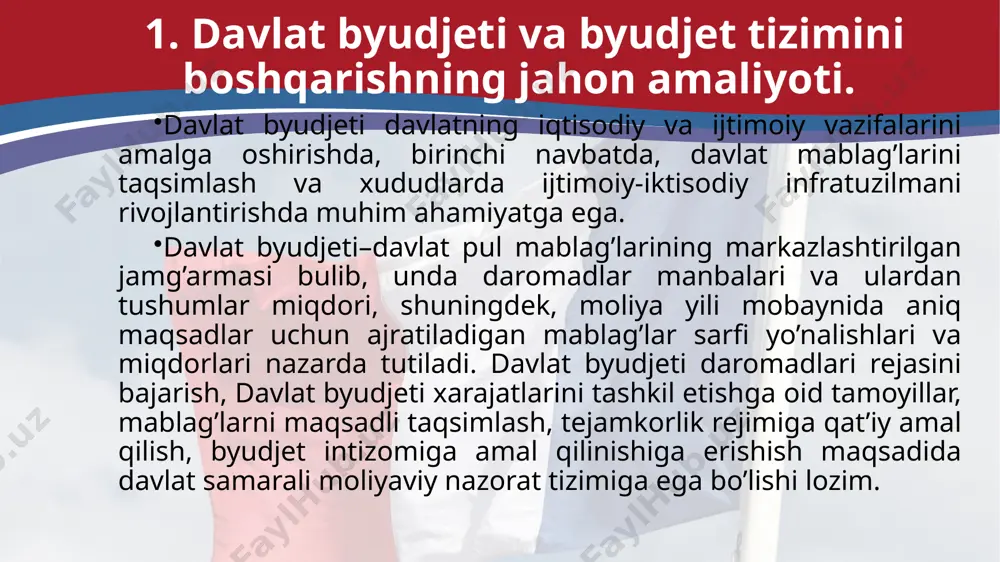 qonunga ovoz berishi bilan belgilanadi. hukumatga davlat siyosatining yo’nalishlarini aniqlash va uni yuritish bilan birga moliyaviy ajratmalar miqdorini o’zgartirish huquqi ham beriladi, lekin bu hamisha parlament nazorati ostida amalga oshiriladi. fransiya moliya vaziri va uning o’rnini bir vaqtning o’zida ham davlat boshqaruvida, ham ma’muriy boshqaruvda ko’rish mumkin. fransiya bosh byudjetida ko’zda tutilgan missiya va dasturlar missiya nomi dastur soni javobgar vazirliklar boshbyudjetda ajratilgan mablag’lar (mlrdevroda) davlat tashqi ishlari 4 tashqi ishlar vazirligi 2,4 davlat hududiy va umumiy boshqaruvi 3 ichki ishlar vazirligi 2,2 qishloq va o’rmon xo’jaligi, baliqchilik va boshqa qishloqqa oid ishlar 4 qishloq xo’zaligi vazirligi 2,9 rivojlanishga qaratilgan davlat yordamlari 2 iqtisodiyot, moliya va tashqi ishlar vazirliklari 3,0 urush qatnashchilari va nogironlar, xotira va qadrlash 3 mudofa vazirligi 3,9 davlat ishlarini nazorat qilish va kengashlar 3 bosh vazir 0,4 madaniyat 3 madaniyat vazirligi 2,8 mudofa 4 mudofa vazirligi 35,4 iqtisodiyotni tartibga solish va rivojlantirish 4 iqtisodiyot va moliya …