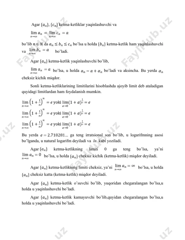 limiti bo’lishligini ko’rsatamiz. a son { xn } to’plamning aniq yuqori chegarasi bo’lganidan barcha n embed equation.dsmt4 lar uchun xn a va har bir >0 uchun shunday n0 mavjud bo’lib, >a- bo’ladi. (xn) o’suvchi ketma-ketlik bo’lganligidan barcha n>n0 lar uchun bo’ladi. yuqoridagilardan a- 0 son uchun shunday n0 embed equation.dsmt4 son topilib, >m bo’ladi. (xn) o’suvchi bo’lganligidan n>n0 lar uchun xn >m kelib chiqadi. demak, xn=+ . teorema agar (xn) ketma-ketlik kamayuvchi bo’lib, quyidan chegaralangan bo’lsa, u chekli limitga ega, agar quyidan chegaralanmagan bo’lsa, u holda xn =- bo’ladi. bu teoremani yuqoridagi usulda isbotlash mumkin. misol.1. ketma-ketlikning limitini toping. bundan barcha n embed equation.dsmt4 larda xn > xn+1 ekanligi kelib chiqadi. bu ketma-ketlikning kamayuvchi ekanini ko’rsatadi. barcha xn >0 ekanligidan (xn)=( ) ketma-ketlikning chekli limitga ega ekanligini kelib chiqadi. uni xn =a bilan belgilasak, xn+1= xn dan a=a(0 bo’lib, a=0 kelib chiqadi. demak, embed equation.3 =0 ekan. 2. xn= ketma-ketlikning …