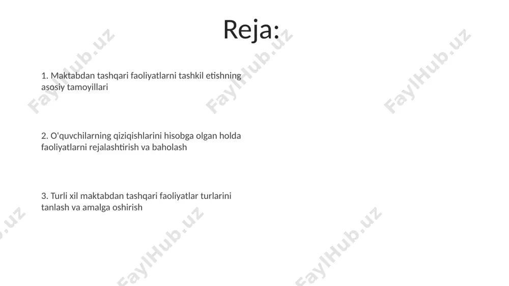 ar ota-onani jalb qilish orqali, toshkent shahridagi maktabda qo'shimcha tadbirlarni samarali tashkil etish mumkin. qiziqishlarni aniqlash va bolalarni guruhlarga ajratish andijon tumanidagi maktabda 250 nafar o'quvchining qiziqishlarini aniqlash uchun onlayn so'rovnoma o'tkazildi, natijada 3 ta asosiy guruh: sport, san'at va fan-texnika guruhlari aniqlandi, bu guruhlarni shakllantirishda yordam beradi. 1-4-sinf o'quvchilari orasida o'tkazilgan so'rovnoma natijalariga ko'ra, toshkent shahridagi 3 ta maktabda sportga qiziquvchi bolalar soni 70% ni tashkil etdi, shuning uchun sport guruhlarini shakllantirish muhim ahamiyat kasb etadi. kerakli resurslar va materiallarni ta'minlash qo'shimcha resurs sifatida, 3 ta turli xil onlayn platformalar, jumladan, google classroom va zoom, shuningdek, toshkent shahridagi "yosh ijodkorlar" uyushmasi tomonidan taqdim etilgan 20 ta interaktiv o'yinlardan foydalanish samarali bo'ladi. maktab kutubxonasidan 50 dan ortiq turli mavzulardagi kitoblar, samarqanddagi "barkamol avlod" markazidan olingan qo'llanmalar va 10 ta o'quv video materiallaridan foydalanish mumkin. xavfsizlik choralari va qoidalar maktab avtobuslarida 30 nafardan ortiq o'quvchi tashish taqiqlanadi, har bir avtobusda kamida …