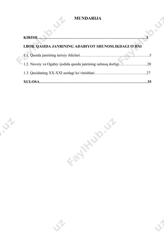mazmuni – biror shaxs yoki hodisa haqida ma'lumot beriladi. shoir bu qismda asosan ijtimoiy, axloqiy yoki siyosiy masalalarni ko'taradi, hukmdorga hamd yoki tanqid, jamiyatga nasihatlar beradi. maqta' qismida adabiy tusdagi chuqurlik va fikrning ravonligi talab qilinadi. · xatima (so'z yakuni): qasidaning yakuniy qismida shoir odatda, o'zining fikrlarini yakunlab, mazkur mavzu yuzasidan yakuniy xulosaga keladi yoki o'zining poetik shaxsiyatini ta'kidlaydi. qasida janrining tarkibiy tuzilishi an'anaviy bo'lsa-da, har bir shoir o'ziga xos yondashuvlar bilan ushbu tuzilmani yangilashi yoki shaxsiy uslubi orqali ajralib turishi mumkin. shuning uchun qasidaning tuzilishi o'rganish uchun dolzarb va qiziqarli bo'ladi. qasida — arab she’riyatining qadimiy janrlaridan biri bo‘lib, o‘ziga xos uslubi va tarkibiy tuzilishi bilan ajralib turadi. bu janrning o‘ziga xos xususiyatlari va adabiyotdagi o‘rni haqidagi bilimlar nafaqat arab, balki o‘zbek adabiyotini chuqur anglashda ham muhimdir. qasida, odatda, an'anaviy tarzda maqtov yoki tanqid maqsadida yoziladi, lekin uning tarkibida ma'naviy va estetik jihatlarning alohida o‘rni mavjud. arab she’riyatining tarixiy …