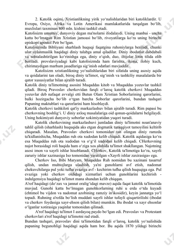 masalalari ko‘rilgan. xristian cherkovining katolik va pravoslav cherkovlariga ajralib ketishi rim papasi va istanbul patriarxining xristian olamida etakchilik uchun olib borgan raqobati oqibatida vujudga keldi. ajralish jarayoni rim imperiyasining g‘arbiy va sharqiy tafovutlari o‘sib chuqurlashib borayotgan asrlardayoq boshlangan edi. 867 yillar orasida papa nikolay va istanbul patriarxi fetiy orasida uzil-kesil ajralish ro‘y berdi va bu ajralish 1054 yili rasman tan olindi. xvi asr boshlarida katolisizmdan bir necha evropa cherkovlari ajralib chiqishi natijasida xristianlikda protestantlik harakatlari vujudga keldi. buning doirasida lyuteranlik, baptizm, anglikanlik va kalvinizm cherkovlari shakllandi. bular bir cherkovning asosiy marosimlari jihatidan o‘zlariga xos bo‘lgan tomonlarga ega bo‘lish bilan bir qatorda, bular ham o‘z navbatida bir necha yo‘nalishlar, mazhablar va oqimlarga bo‘lindi. 1. pravoslav oqimi. pravoslav oqimi xristianlikning uch asosiy yo‘nalishidan biri o‘laroq, tarixan uning sharqiy shahobchasi sifatida ro‘yobga chiqdi va shakllandi. bu oqim asosan sharqiy evropa, yaqin sharq va bolqon mamlakatlarida tarqalgan. pravoslav atamasi yunoncha ortodoksiya so‘zidan olingan bo‘lib, …