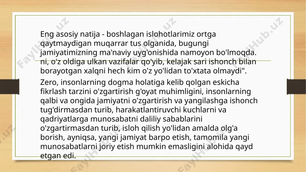 ishdan -milliy yuksalish sari" g'oyasini keng targ'ib etish orqali jamiyatda sog'lom dunyoqarash va bunyodkorlikni umummilliy harakatga aylantirish; > oila, ta'lim tashkilotlari va mahallalarda ma'naviy tarbiyaning uzviyligini ta'minlash; -tashviqot va tarbiya yo'nalishidagi ishlarni ilmiy asosda tashkil etish, soha bo'yicha ilmiy va uslubiy tadqiqotlar samaradorligini oshirish, ijtimoiy-ma'naviy muhit barqarorligini mustahkamlashga qaratilgan doimiy monitoring tizimini joriy qilish; > el-yurt taqdiriga loqaydlik, mahalliychilik, urug'-aymoqchilik, korrupsiya, oilaviy qadriyatlarga bepisandlik va yoshlar tarbiyasiga mas'uliyatsizlik kabi illatlarga barham berishga qaratilgan kompleks chora-tadbirlarni amalga oshirish; > aholining internet jahon axborot tarmog'idan foydalanish madaniyatini oshirish, g'oyaviy va axborot xurujlariga qarshi mafkuraviy immunitetini kuchaytirish madaniyat, adabiyot, kino, teatr, musiqa va san'atning barcha turlari, noshirlik-matbaa mahsulotlari, ommaviy axborot vositalarida ma'naviy-axloqiy mezonlar, milliy va umuminsoniy qadriyatlarning ustuvorligiga erishish; > geosiyosiy va mafkuraviy jarayonlarni muntazam o'rganish, terrorizm, ekstremizm, aqidaparastlik, odam savdosi, narkobiznes va boshqa xatarli tahdidlarga qarshi samarali g'oyaviy kurash olib borish hamda bu borada xalqaro hamkorlik aloqalarini rivojlantirish mustaqillikning to'rtinchi yilida mamlakatimiz …