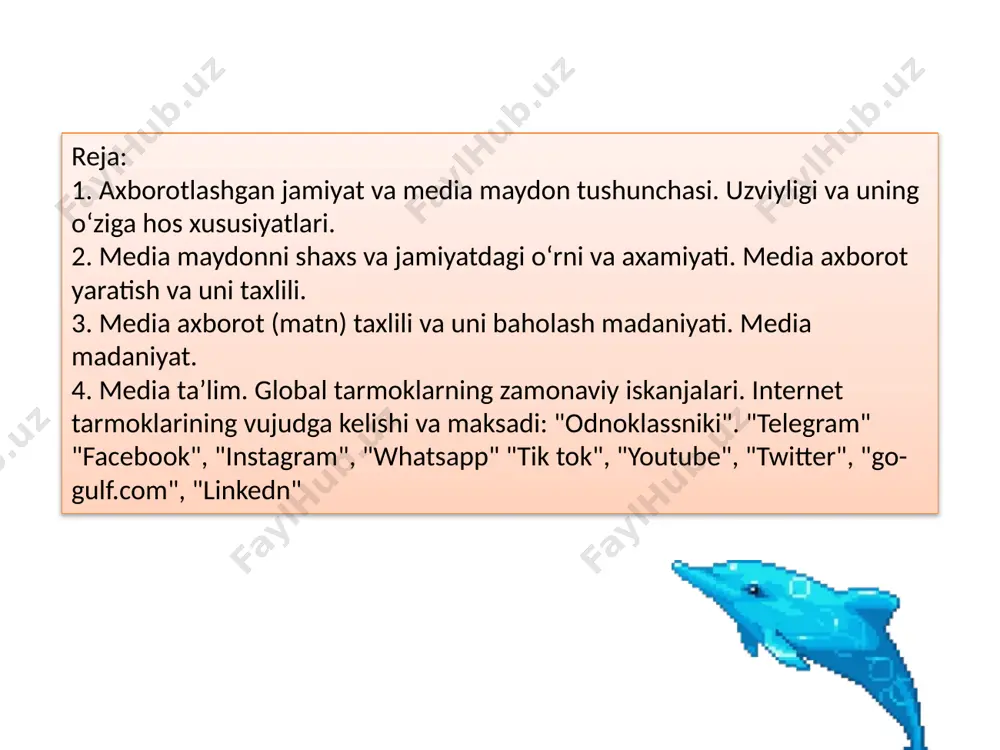xabarlar ostida beriladigan ko ‘ rinmas ma ’ lumotlarni “ o ‘ qi y o lish ”; · oav orqali beriladigan matn li kommunika ts iyalar mohiyatini tahlil e tish; · axborot qayerdan, kim tomonidan va nima maqsadlarda uzatilayapti, kimning manfaatlarini o‘zida aks e ttirayapti, degan savollarga javob topa olish uchun zarurdir media savodxonlik mediani o‘rganish bo‘lib, media ta’limning quyidagi natijalariga asoslanadi va o‘z oldiga: – medianing shaxs va jamiyatga ta’sirini tushunish; – ommaviy kommunika tsi ya jarayonini anglash; – media matnlarni tushunish va tahlil eta olish; – media kontekstini tushunish; – media matnlarni yaratish va ularni tahlil e tish; – media matnlarni baholashga va ularni saralash vazifalarini qo‘yadi. ayni paytda media ta’lim asoslarini har bir ta’lim muassasasiga o‘quv dasturiga kiritish, o‘quvchila yoshlarga maktablarda ta’lim jarayonida uning asoslarini interaktiv, turli o‘yinlar shaklida tushuntirish, o‘sib kelayotgan avlod tomonidan shiddatli axborot oqimida zarurini tanlash va unga tanqidiy yondoshgan holda bahola y o …