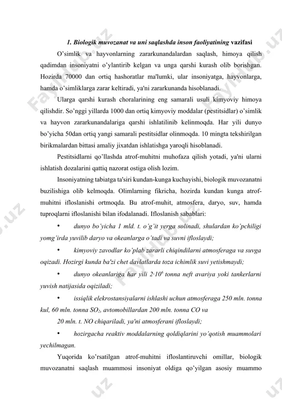 osferani ifloslaydi; · hozirgacha reaktiv moddalarning qoldiqlarini yo’qotish muammolari yechilmagan. yuqorida ko’rsatilgan atrof-muhitni ifloslantiruvchi omillar, biologik muvozanatni saqlash muammosi insoniyat oldiga qo’yilgan asosiy muammo hisoblanadi. shu sababli, o’simliklarni kimyoviy himoyasini ishlab chiqilganda, atrof-muhit masalasini ham o’ylash lozim. 2. pestitsidlar, ularning sinflanishi va qishloq xo’jaligida ishlatilinishi pestitsidlar deb o’simlik va hayvonlarni zararkunanda hashorat, kasalliklar va begona o’tlarga qarshi ishlatilinadigan zaharli kimyoviy vositalarga aytiladi. qishloq xo’jaligida keng qo’llaniladigan pestitsidlar quyidagi guruhlarga bo’linadi: 1. insektitsidlar-o’simlik zararkunandalariga(hashoratlarga)qarshi vositalar; 2. gerbitsidlar – begona o’tlarga qarshi vositalar; 3. fungitsidlar - o’simlik kasalliklariga qarshi ishlatilinadigan kimyoviy vositalar; 4. o’simliklarni o’stiruvchi moddalar - o’simliklarni va ularning urug’ini o’stirish xususiyatiga ega bo’lgan moddalar. bu guruh pestitsidlarga defoliantlar-bargni to’kuvchi, desikantlar- ortiqcha o’simlik navdalarini mustahkamligini oshiruvchi moddalar ham kiradi; 5. repellentlar - o’simlik, hayvon va insonlarni zararkunanda hashoratlarning xujumidan qo’rqitish uchun ishlatilinadigan moddalardir; 6. attraktantlar - hashoratlarni o’ziga jalb qiluvchi moddalar va boshqalar. pestitsidlar quyidagi talablarga javob berishi lozim: 1. aniq …