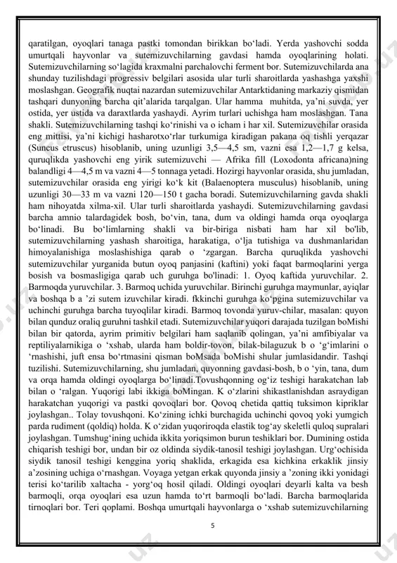 arini sut bilan boqadi. 3. termoregulyatsiyaning juda takomillashganligi tana temperaturasining doimiyligini ta’minlaydi. bu birtomondan issiqlik hosil bolishini tartibga solish yo‘li bilan (kimyoviy termoregulyatsiya deb ataluvchi yo‘l bilan), ikkinchi tomondan fizikaviy termoregulyatsiya deb ataluvchi issiqlik chiqarilishini nafas olish va terlash jarayonida teri qon aylanishini idora qiladi. issiqlik chiqarishni tartibga solishda jun qoplami, ayrimlarida esa teri osti yog‘ qatlamining ahamiyati juda katta. teri qon tomirlari kengaygan vaqtda issiqlik chiqarish kuchayib, toraygan vaqtda keskin kamayadi. sutemizuvchilar tanasining sovishida ter bezlari yordamida chiqarilgan suvning teri orqali bug‘lanishining ahamiyati ham muhim. yuqorida keltirilgan moslanishlar yordamida ko‘pchilik sutemizuvchilarning tana harorati nisbatan doimiy hisoblanadi va uning tashqi muhitdan farqi 100 °c ga teng bo‘ladi. masalan: qishda — 60 °c da yashovchi ko‘k tulkining tana harorati +39 °c bo‘ladi. tana haroratining doimiyligi (gomoyotermiya) barcha sutemizuvchilar uchun xos emasligini ko‘zda tutish lozim. bu hodisa katta massaga ega bo'lgan yo‘ldoshli yirik sutemizuvchilar uchun xos bo'ladi. platsentar mexanizmi yaxshi rivojlanmagan tuban …