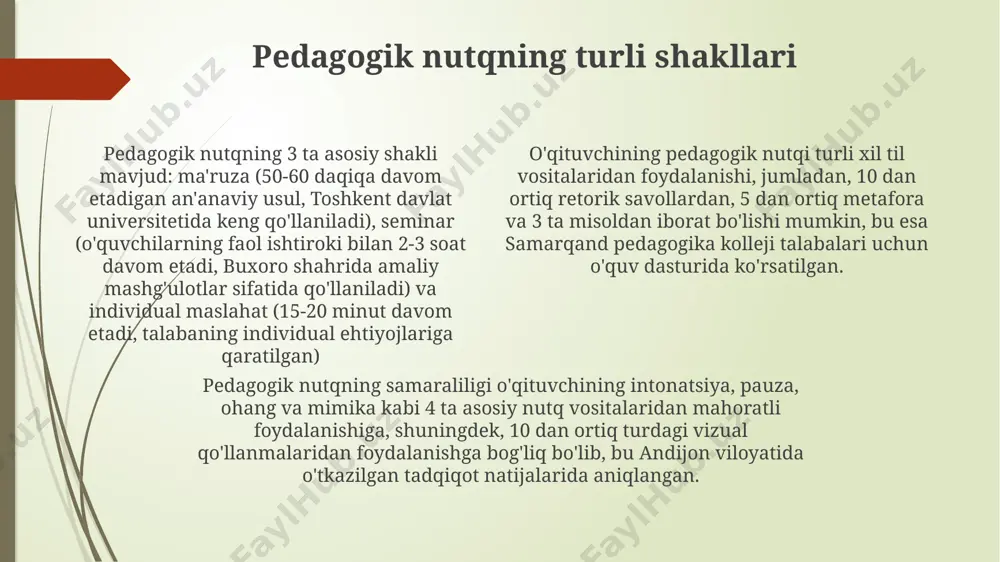onal malakasini yuksaltirdi. noverbal aloqa vositalaridan foydalanish o'qituvchining 7 xil tana holati (o'tirish, turish, yurish) va 4 xil ko'z aloqasi turi andijon viloyatidagi 100 nafar o'qituvchi orasida o'tkazilgan kuzatuvda talabalarning diqqatini jalb qilish va tushunish darajasiga sezilarli ta'sir ko'rsatdi. noverbal aloqa vositalaridan, masalan, 3 xil imo-ishoralar (bosh chayqash, qo'l harakatlari, mimika) samarqanddagi 50 nafar talaba ustida o'tkazilgan tadqiqotda o'quv jarayonining samaradorligiga 20% ta'sir ko'rsatishi aniqlandi. toshkentdagi 25 ta maktabda o'tkazilgan so'rovnoma natijalariga ko'ra, 60% o'quvchilar o'qituvchining nutqini tushunishda tovushlar intonatsiyasi va pauzalarning (2-5 soniya) ahamiyatini ta'kidlashdi. pedagogik nutqning til va uslubiy jihatlari nutqning tezligi va pauzalarni to‘g‘ri qo‘llash (taxminan 120-150 so‘z/daqiqada), andijon viloyatida o‘tkazilgan kuzatuvlarga asoslanib, o‘quv jarayonining samaradorligini oshiradi. tilning ekspressiv imkoniyatlari, masalan, metafora va qiyoslar, 20-30% miqdorida qo‘llanib, toshkentdagi eksperimental maktablarning tadqiqotiga ko‘ra, o‘quv materialini yaxshiroq o‘zlashtirishga yordam beradi. pedagogik nutqda 50% dan ortiq sodda, tushunarli so‘zlar va iboralar qo‘llanilishi, samarqanddagi o‘qituvchilar tajribasi shuni ko‘rsatadiki, o‘quvchilarning faol ishtirokini …