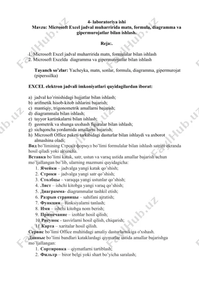 microsoft excel jadval muharririda matn, formulalar bilan ishlash — DOCX