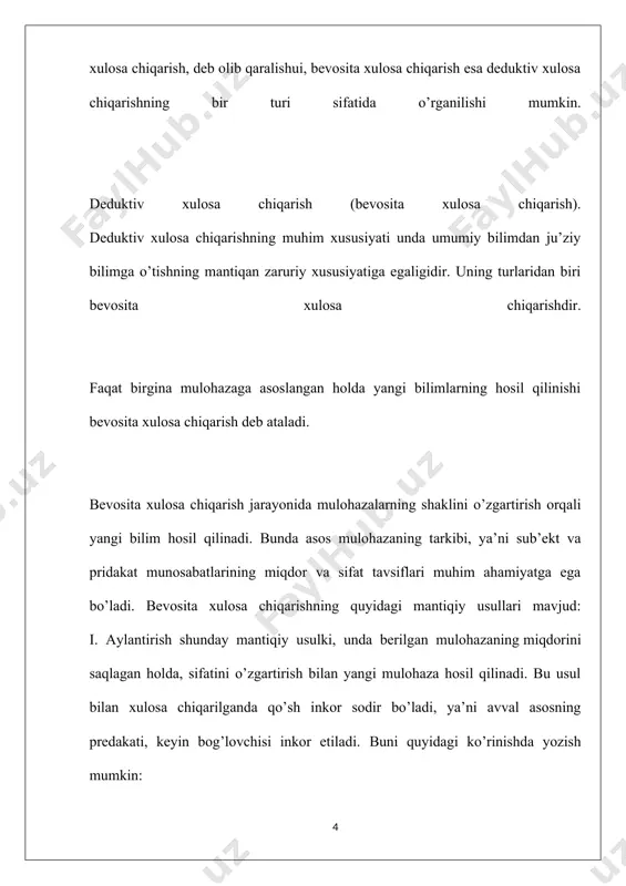 , biri xato bo’lsa, boshqasi chin bo'ladi. xulosalar quyidagi tuzilma bo’yicha tuziladi: ; ; ; qarama-qarshilik (kontrarlik) munosabatlariga asoslangan holda xulosa chiqarish. qarama-qarshilik munosabati a va e mulohazalar o’rtasida mavjud bo’lib, ziddiyat qonuniga bo’ysunadi. bu munosabatdagi mulohazalardan birining chinligidan boshqasining chinligini asoslab bermaydi, chunki har ikki mulohaza ham xato bo’lishi mumkin.qarama-qarshilik munosabatidan , ko’rinishida xulosa chiqarish mumkin. qisman moslik (subkontrarlik) munosabatiga asoslangan holda xulosa chiqarish. bu munosabat ju’ziy tasdiq (i) va ju’ziy inkor (o) mulohazalar o’rtasida mavjud bo'ladi. bu mulohazalarning har ikkisi bir vaqtda chin bo’lishi mumkin, lekin bir vaqtda xato bo’lmaydi. ulardan birining xatoligi aniq bo’lsa, ikkinchisi chin bo'ladi. qisman moslik munosabati asosida xulosa chiqarish ; ; ; ko’rinishda bo'ladi. bo’ysunish munosabatiga asoslangan holda xulosa chiqarish. bu munosabat sifatlari bir xil bo’lgan umumiy va ju’ziy mulohazalar(a va i; e va o) o’rtasida mavjud bo'ladi. umumiy bo’ysundiruvchi mulohazalar chin bo’lsa, ju’ziy-bo’ysunuvchi mulohazalar ham chin bo'ladi. lekin bo’ysunuvchi-ju’ziy mulohazalarning chinligidan bo’ysundiruvchi …