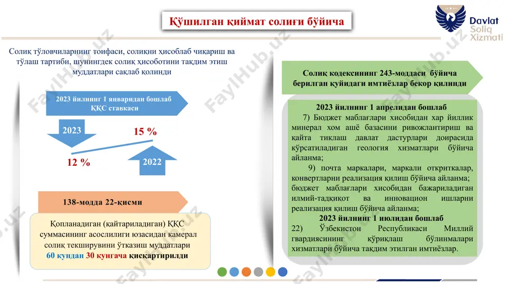 да солиғи бўйича 2022 йил 1 ноябрдан бошлаб товарларни (хизматларни) экспортга реализация қилишдан олинган фойдага, экспортдан олинган даромаднинг жами даромаддаги улушидан қатъий назар 0 фоиз миқдоридаги солиқ ставкаси бўйича солиқ солиниши лозим. бунда 2023 йил 1 январдан бошлаб доимий муассасалар орқали ўзбекистон республикасида фаолиятни амалга оширувчи ўзбекистон республикаси норезидентларига хизматлар кўрсатишдан олинган фойда бўйича 0 фоиз миқдоридаги солиқ ставкаси қўлланилмайди. қуйидаги тоифадаги солиқ тўловчилар учун фойда солиғи ставкасини 50 фоизга пасайтириш ҳуқуқи берилди 2022 йилнинг 1 сентябридан кейин а) биринчи марта фойда солиғини тўлашга ўтган айланмадан олинадиган солиқ тўловчиларга - солиқ тўловчи солиқ тўлашга ўтган йилдан кейинги битта солиқ даври давомида жами даромади 10 миллиард сўмдан ошмаган бўлса солиқ ставкасини 50 фоизга пасайтиришга ҳақли бўлди; мисол: 2022 йилнинг 1 октябрида фойда солиғини тўлашга ўтган солиқ тўловчи, 2023 йилда унинг жами даромади 10 млрд сўмдан ошмаган тақдирда, солиқ тўловчи 2023 йил (1 йил) давомида фойда солиғини 7,5 фоиз ставка бўйича тўлашга …