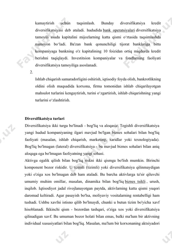lan, ma'lum bir korxonaning aktsiyadori ushbu korxonada ish tashlash, uni boshqarishning qobiliyatsizligi va boshqalar tufayli yo'qotish xavfiga duchor bo'ladi. ushbu xavf diversifikatsiya qilinishi mumkin, chunki uni portfelni diversifikatsiya qilish orqali deyarli nolga tushirish mumkin. 20-asrning 60-yillarining ikkinchi yarmi va 70-yillarining boshlarida birja daromadlari dinamikasini tahlil qilgan gʻarb olimlarining tadqiqotlari shuni koʻrsatdiki, 20 ta aktivdan iborat portfel bozordan tashqari riskni deyarli butunlay yoʻq qilishga qodir edi. xalqaro diversifikatsiya holatida aktsiyalar soni o'ntagacha cheklanishi mumkin. j. kempbell, m. lettau, b. mulkail va i. xu tomonidan olib borilgan so'nggi tadqiqotlar shuni ko'rsatadiki, 20-asrning 60-yillari bilan solishtirganda, 80-90-yillarda aktsiyalar o'rtasidagi korrelyatsiya pasayib, bozordan tashqari risk bilan bog'liq bo'lgan o'zgaruvchanlikni oshirdi. . bu endi 60-70-yillardagi kabi xavfni kamaytirish darajasiga erishish uchun portfelni zaxiralar tarkibi bo'yicha kengroq diversifikatsiya qilishni talab qiladi. tadqiqot natijalari rasmda aniq ko'rsatilgan. 3.2 va 3.3. shaklda. 3.2, vaqt gorizontal o'q bo'ylab chizilgan va portfel daromadining standart og'ishi nyu-york fond birjasida, amerika fond …