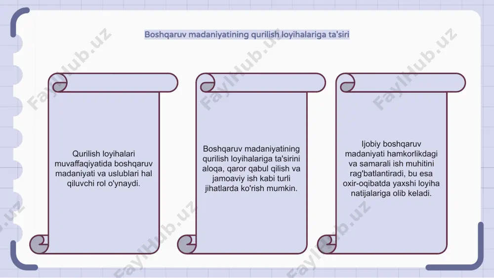 shni boshqarishda doimiy takomillashtirish qurilishni boshqarishdagi boshqaruv madaniyati va uslublari doimiy takomillashtirishni rag'batlantirishda hal qiluvchi rol o'ynaydi. innovatsiyalarni qadrlaydigan va xodimlarni yaxshilash bo'yicha g'oyalarni baham ko'rishga undaydigan madaniyatni yaratish muhimdir. doimiy takomillashtirishga samarali boshqaruv tizimlari va jarayonlarini joriy etish orqali erishish mumkin. bunga aniq maqsadlar qo'yish, resurslar va yordam ko'rsatish hamda yaxshilash kerak bo'lgan sohalarni aniqlash uchun ish faoliyatini muntazam ravishda baholash kiradi. doimiy takomillashtirish madaniyatini qabul qilib, qurilish boshqaruvi guruhlari samaradorlikni oshirishi, chiqindilarni kamaytirishi va muvaffaqiyatli qurilish loyihalarini amalga oshirishda doimiy ravishda mukammallikka intilishi mumkin. transformatsion etakchilik orqali jamoalarni kuchaytirish qurilishni boshqarishda boshqaruv madaniyati va uslublari hal qiluvchi rol o'ynaydi. etakchilikni o'zgartirish jamoalarga optimal natijalarga erishish imkonini beradi. bu ijobiy ish muhitini yaratadi va hamkorlikni mustahkamlaydi. qurilish menejerlari transformatsion etakchilikni qo'llash orqali o'z jamoalarini ilhomlantirishi va rag'batlantirishi mumkin. ular odamlarni ijodiy fikrlashga va o'z ishlariga egalik qilishga undaydi. ushbu etakchilik uslubi innovatsiyalarni rag'batlantiradi va shaxsiy va professional o'sishni rag'batlantiradi. …