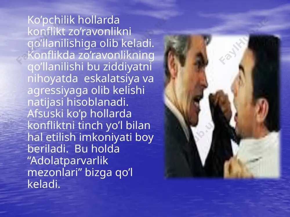 idan tashqari emotsional hissiy yo’qnashuvlar ham yuz beradi. bu vaziyatda manfaatlarini ifoda etish maqsadida o’zini himoya qilish uchun his tuyg’ularga berilib, inson esankirab qolishi mumkin. konflikt sharoitida har ikkala tomon ham ishonchga muxtojdir, o’zaro ishonch esa konflikt yechimini topishga imkon beradi. о 'z amallariga mas 'ul bo 'lish eng qadimgi davrlardan boshlab inson sivilizasiyasi tarbiya va axloq masalalaima e'tibor bilan qaragan. inson axloqiy normalari ichida o'z so'zida turish, burch, mas'uliyatli bo'lish, birovlarga berilgan va'dalarga hurmat va ularni so'zsiz bajarish inson komilligining oliy qadriyatlaridan hisoblangan. ammo hayotda har doim ham shunday bo'lavermaydi. ko'pincha biz o'z va'dalarimizni esdan chiqarib qo'yamiz, o‘z so'zimiz ustida turmaymiz. bu - juda yomon odat. ba'zan, boshqalarning bizga hergan va'dasini o'z vaqtida bajarmagani uchun aziyat ham chekamiz. insonning eng halokalli xatolaridan biri - yaxshi ishni ham yomon bajarib, barbod etishdir. konfliktlar sharoitida o'z so'zi ustida turish - konflikt yechimiga qaratilgan va'dalarning ustidan chiqishni anglatadi. konflikt sharoitida quyidagi amallar …