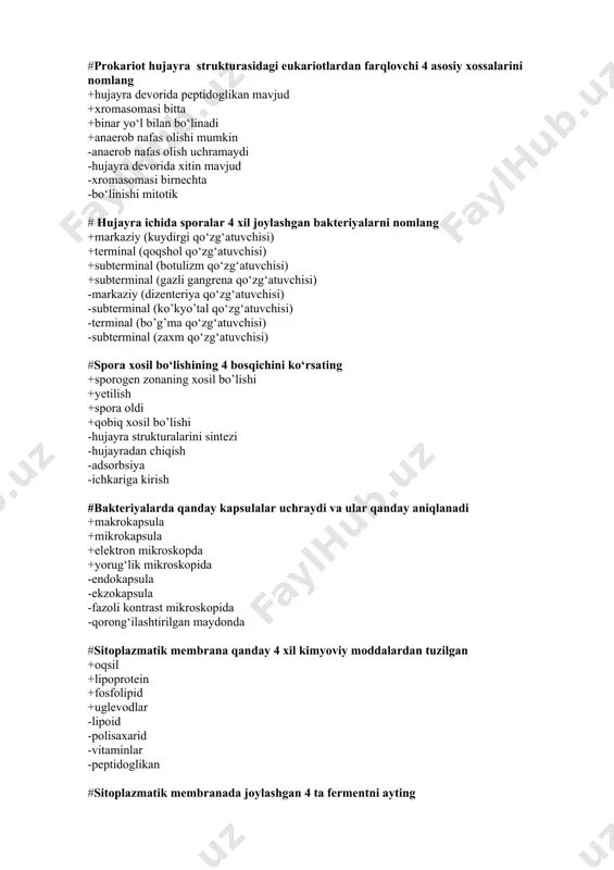 r +ribosoma +kritmalar -goldji kompleksi -fagolizosoma -mitoxondriyalar -glikoprotein #mezosomalarning 4 ta funksiyasini ayting +dnk replikatsiyasi +hujayralarning bo’linishi +hujayra devoridagi moddalar sintezi -nafas olishda qatnashishi -rnk replikatsiyasi -hujayraning chidamligida -nukleoidda moddalar sintezida -hujayraning oziqlanishida qatnashish #volyutin donachalari doimo uchraydigan mikroorganizmlarga 4 ta misol keltiring +difteriya tayoqchasi +spirillum volutans +bolgar tayoqchasi +achitqi (drojji) -ko‘kyutal qo‘zg‘atuvchisi -stafilokokklar -ichak tayoqchasi -kuydirgi qo‘zg‘atuvchisi #xivchinlarning joylashishi bo’yicha bakteriyalarni 4 ta turini ko‘rsating +monotrix +lofotrix +peritrix +amfitrix -politrix -lomotrix -endotrix -antitrix #peritrix va lofotrixlarga 4 ta misol keltiring +ichak tayoqchasi +qorin tifi tayoqchasi +proteus +ko‘k yashil yiring xosil qiluvchi tayoqcha -sil tayoqchasi -spirilla +vabo vibrioni +stafilokokk #xivchin apparati qanday 4qismdan iborat +xivchinli ip +ilmok +bazal tana – blefaroplast +rotor -boshcha qismi -qobik qismi -dumsimon o’simta qismi -asosiy qism #aktinomitsetlarning bakteriyalar bilan o‘xshash 4 ta tomonini ko‘rsating +hujayra devori prokariotlarga o‘xshash +antibiotiklar va faglarga sezgir +zamburug‘larga qarshi preparatlarga rezistent +giflar ultrastrukturasi bakteriya hujayrasi tuzilishiga yaqin -antibiotiklar va faglarga …