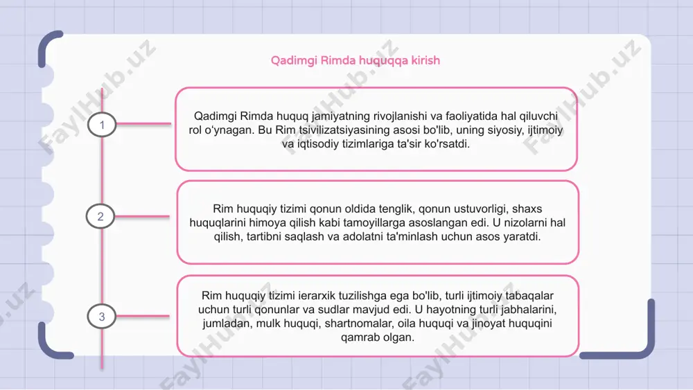 mi rim sud tizimi qadimgi rimdagi huquq tizimining muhim qismi edi. u har xil turdagi sudlardan, jumladan, eng yuqori sud - rim oliy sudidan iborat edi. bu sudlar ishlarni ko'rib chiqish va hal qilish uchun mas'ul bo'lgan va ularning qarorlari rim jamiyati va huquqiga sezilarli ta'sir ko'rsatgan. rim huquqiy protsedurasi rim huquqiy protsedurasi juda rasmiy bo'lib, adolatni ta'minlash uchun aniq qadamlarga ega edi. rim huquqiy protsedurasining asosiy tarkibiy qismlariga dalillarni taqdim etish, guvohlarni chaqirish va huquqiy dalillarni taqdim etish kiradi. rim huquqiy tizimida fuqarolik va jinoiy ishlar o'rtasida ham farq mavjud bo'lib, ularning har biri uchun har xil qoidalar va tartiblar mavjud edi. 1 2 3 mulk haqidagi rim qonunlari qadimgi rimda mulk to'g'risidagi qonunlar murakkab bo'lib, mulk turiga va tegishli shaxslarning ijtimoiy mavqeiga qarab turlicha bo'lgan. eng muhim qonunlardan biri mulk egalarining huquq va majburiyatlarini tartibga soluvchi o'n ikki jadval qonuni bo'ldi. bu qonun jismoniy shaxslarning mol-mulkni sotib olish, …
