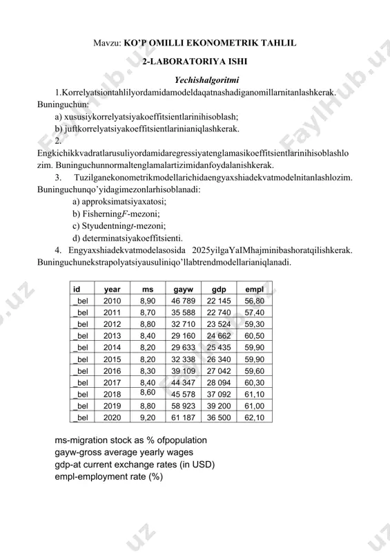 idan ko'rinib turibdiki, bizda r2 = 0,526; f = 2,589. biz yaratgan model ishonchli ekan. bu model asosda kuyidagicha xulosa qilish mumkin: shunday qilib, migratsiya jarayonining boshqa omillari o'zgarmasa, bir birlikka o'rtacha ish haqining oshishi migrantlar sonini 7,21261025605162birlikka,boshqa omillar o'zgarishsiz qolsa-da, mamlakatning yalpi ichki mahsulot birligi 0,0000171801786445794 birlikka oshdiva boshqa omillar o'zgarmagan holda, iqtisodiyotdagi ish o'rinlari sonining bir birligining ta'siri uning -0,00608387241990456birlikka kamayishga olib keladi. bundan xulosa qilish mumkinki, xorijdan muhojirlar oqimini kamaytirish uchun ish haqi, yalpi ichki mahsulot va ish o'rinlari sonini oshirish kerak. image1.png