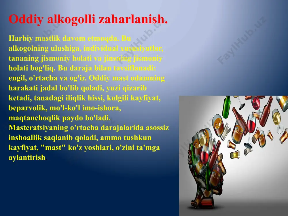 ishda bemor giyohvand moddalar bo'yicha manzillar: 60-70%. ayni paytda alkogolizm va giyohvandlik muammosi jamiyatning normal ishlashiga ta'sir etuvchi ijtimoiy patologiyalar majmui. ushbu muammoning qarori bilan tibbiy-ijtimoiy ishchilar bilan bir qatorda davlat davlat, fuqarolik jamiyati va turli davlat muassasalari bilan shug'ullanadi. ushbu o'latni engishning bir usuli - sog'lom turmush tarzi, alkogol va giyohvand moddalar ijtimoiy va tibbiy oqibatlarining ijtimoiy va tibbiy ko'riklari, shuningdek, yoshlarning ongiga samarali ta'sir qiladi. mamlakatimizga alkogolizm va giyohvandlik muammosi juda zo'r. ma'lumki, kasallik davolashdan ko'ra kasallik osonroq, shuning uchun bugungi kunda samarali emas, bu muammoning sabablarini yo'q qilish kerak. ushbu vaziyatdan nisbatan sodda chiqish, alkogol ichimliklar narxlarining pasayishi bo'lishi mumkin, ular ularning mavjudligini kamaytiradi. giyohvand moddalarga kelsak, bu erda ancha qiyin. bugungi kunda giyohvandlik muammosi dunyoda ham, rossiyada ham hal qilinmagan. shunday qilib, xulosa qilishimiz mumkinki, ushbu ishning maqsadiga erishildi: alkogolizm va giyohvandlik muammosi o'rganildi, ularning paydo bo'lishining sabablari va profilaktikasi sabablari aniqlandi. spirtli ichimliklarni iste'mol qilish …