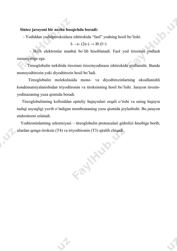 ksikoz yoki bazedov kasalligi nomini olgan. bundagi kasalliklar yodtironinlarning organizmdagi intoksikatsiyasi bilan bog’liq. uglevodlar va triatsilglitserinlarning tezlik bilan parchalanishi tireotoksikoz uchun xos belgi hisoblanadi. yog’ kislotalar, glitserin va glikoliz mahsulotlarining tez yonishi ko’p miqdordagi kislorodni talab etadi. mitoxondriyalar kattalashadi va bo’kadi. yodtironinlarning ortiqcha miqdori quyidagi belgilarning yuzaga chiqishiga sabab bo’ladi: asosiy modda almashinuvining tezlashishi, haroratning oshishi, vazn kamayishi, yurakning tez urishi (taxikardiya), nerv qo’zg’aluvchanligini oshishi, ko’zning chaqchayishi va boshqalar. qalqonsimon bezning gipofunktsiyasi yoki gipotireozda organizmda yodtironinlar yetishmaydi. yosh bolalarda qalqonsimon bezning gipofunktsiyasi kretinizm kasalligiga olib keladi. ushbu kasallikda bo’y o’smasligidan tashqari teri, soch, muskullarda maxsus o’zgarishlar, almashinuv jarayonlari tezligining keskin pasayishi, shuningdek chuqur psixik o’zgarishlar ro`y beradi. katta yoshli odamlarda qalqonsimon bez gipofunktsiyasida, gipotireoidli shish yoki miksedema kasalligi kelib chiqadi. bu kasallik ko’pincha ayollarda uchrab, suv-tuz, yog’lar almashinuvining buzilishiga xosdir. bemorlarda shilimshiq shish, patologik semirish, asosiy almashinuvning keskin pasayishi, soch va tishlarning tushishi, miyaning umumiy o’zgarishlari kuzatiladi. teri qurib qoladi, …