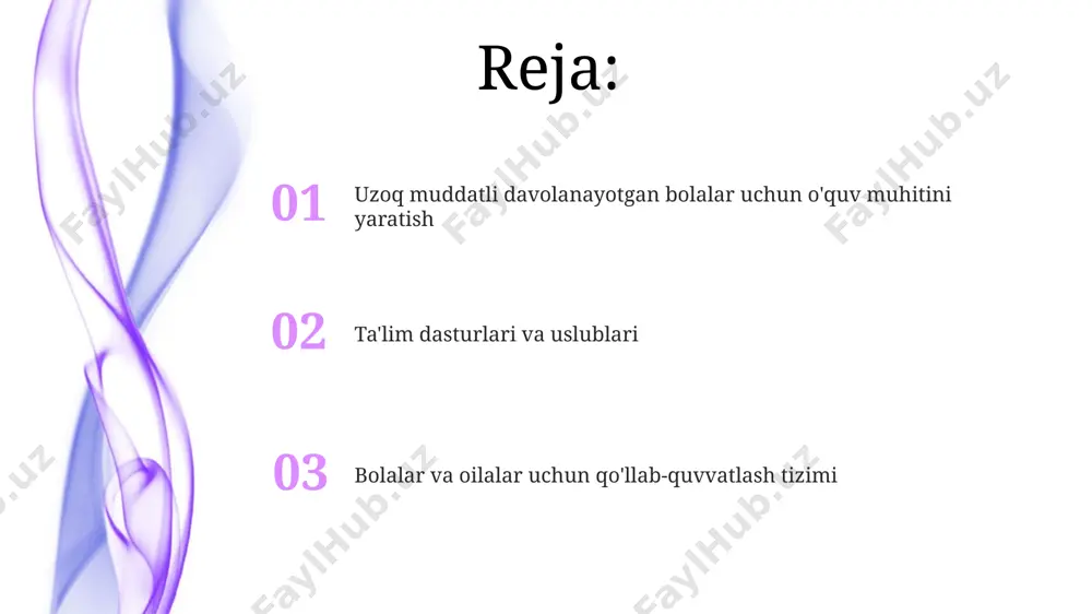m beradi. har bir o'quv dasturiga bolaning qiziqishlari va o'rganish uslubini hisobga olgan holda, turli xil o'yinlar, san'at terapiyasi va texnologiyalar (masalan, ta'lim ilovlari)ni qo'shish orqali, o'rganishni yanada qiziqarli va samarali qilish mumkin. o'quv faoliyatini tashkil etish va uslublari har bir bola uchun individual o'quv rejasi tuzishda uning yoshi, salomatligi holati va kognitiv rivojlanish darajasini hisobga olish, 2-3 soatdan oshmaslik kerak. o'quv jarayonida interfaol o'yinlar, masalan, "kim tezroq?", "topishmoqlar" kabi 7-10 daqiqalik mashg'ulotlar miya faoliyatini faollashtiradi va bilim olishga qiziqishni kuchaytiradi. ota-onalar va oilalar bilan hamkorlik ota-onalar va oilalar bilan samarali hamkorlikni ta'minlash uchun kamida 3 ta muntazam uchrashuv o'tkazish, shuningdek, 24/7 aloqa kanallarini (telefon, elektron pochta, onlayn platforma) tashkil etish muhimdir. oilaviy terapiya va qo'llab-quvvatlash guruhlarini tashkil etish orqali, 80% dan ortiq oilalarga ruhiy-psixologik yordam ko'rsatib, davolanish jarayonida ularni faol qo'llab-quvvatlash mumkin. o'quv jarayonini baholash va monitoringi o'quv jarayonining samaradorligini baholashda, kamida 3 ta turli baholash usuli (sinovlar, kuzatuvlar, …