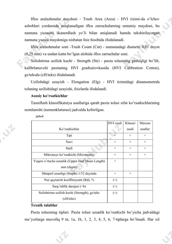 qarab 26-jadvaldagi ko’rsatilgan talablarga va tashqi ko’rinish namunalariga muvofiq beshta navga bo’linadi: birinchi (1), ikkinchi (2), uchinchi (3), to’rtinchi (4) va beshinchi (5). o’rta tolali paxta birinchi (1) va ikkinchi (2) navlar uchun mikroneyr ko’rsatkichining asosiy diapazoni 3,5-4,9 chegarasida bo’lishi kerak. mikroneyr ko’rsatkichi 4,9 dan yuqori yoki 3,5 dan past bo’lsa, belgilangan tartibda narxi kamaytiriladi. maxsus sinov usullari yordamida aniqlanadigan paxta tolasi navi ko’rsatkichlarining ta’riflari jadvalola keltirilgan. jadval sanoat navi tolaning tiplari bo’yicha rangi va tashqi ko’rinishi 1a, 1b, 1, 2, 3 4-7 i oq yoki tabiiy nimrang oq tusli yoxud paxtaning seleksion navi yoki o’stiriladigan hududiga bog’liq bo’lgan nimrang. ipaksimon, yaltiroq va zich ko’rinishda oq yoki tabiiy nimrang oq tusli ii xira oq rangdan to nimrang tusgacha va katta bo’lmagan sariq dog’li, yarqiroqligi, ipaksimonligi va qalinligi birinchi navga nisbatan pastroq xira oq rangdan och sariq dog’li nimranggacha ii xira oq rangdan to nimrang tusgacha yoki sariq dog’lari bo’lgan notekis …