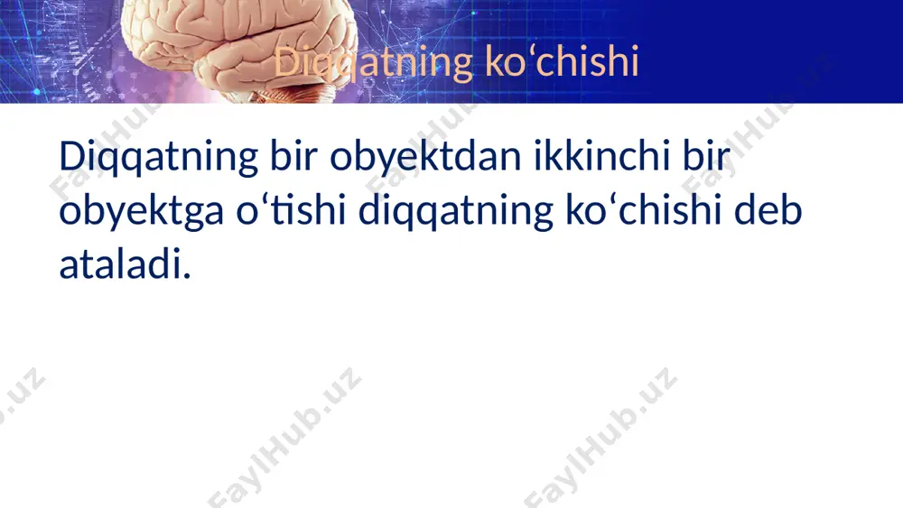 es a free template provided by fppt.com www.free-power-point-templates.com 7-14 yoshlilar uchun qayta ishlash tezligi this presentation uses a free template provided by fppt.com www.free-power-point-templates.com tezlik ballar hisobida this presentation uses a free template provided by fppt.com www.free-power-point-templates.com katta yoshdagilar uchun me’yor q = 1,6 (+-) 0,16. this presentation uses a free template provided by fppt.com www.free-power-point-templates.com diqqat bo‘yicha tadqiqotlar bu yo’nalish 5 ta asosiy aspektni ko’rib chiqadi: this presentation uses a free template provided by fppt.com www.free-power-point-templates.com diqqatning o’tkazuvchanlik qobiliyati diqqatni boshqarish ong va kognitiv fan diqqatning tanlovchanlik qobiliyati diqqatning qo’zg’alish darajasi “idrok va aloqa”_donald broadbent this presentation uses a free template provided by fppt.com www.free-power-point-templates.com ingliz psixologi d.broudbent o’zining diqqat muammosini o’rganishiga qaratilgan zamonaviy yondashuvini 1958-yilda yuqorida nomi keltirilgam asarida keltirib o’tadi. olim o’zining diqqatning tanlovchanligi va qisqa muddatli xotira nazariyalari asosida yagona kanal gipotezasini yaratdi. unga ko’ra bizning atrofimizni millionlab stimullar o’rab olgan va bizning nerv tizimiz va …
