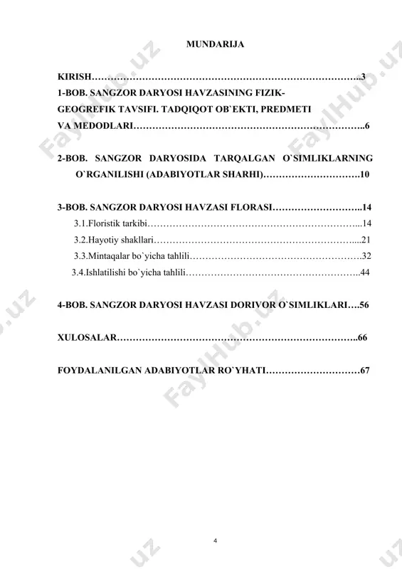’rsatilgan. i.v. stryukova, r.a. kimlar [49] yaylovlar haritasida (m. 1:200000; 1974 y) 15 ta yaylovlar tiplari keltirilgan. e.m. demurinaning [13] monografiyasida havza uchun 9 ta assotsatsiyalar seriyasi va komplikslarning konturlari keltirilgan. 1991-yili sangzor havzasidagi baxmal o’rmon xo’jaligi hududida o’rmon tuzish va taksatsiya o’tkazilib m.1:50000 xarita tuzilgan [46]. 2004 yilda [63] baxmal tumanining qishloq xo’jaligi xaritasi (m. 1:50000) tuzilib, unda urbanizatsiya jarayonining 2004-yilga qadar ahvoli aks etgan. shuningdek bu yerda ekin maydonlari, daraxtzorlar, bog’lar va yaylovlar ham ko’rsatilgan. lekin yaylovlarning floristik tarkibi, tipologik tuzilishi va fetosinotik xilma-xilligi kabi xalq xo’jaligi uchun kerakli ma’lumotlar yo’q edi. m.tirkashevaning (2007-2011 y) olib borgan tadqiqotlarida havzadagi o’simliklar qoplamini fitosinotik xilma-xilligi haqida ma’lumotlar berilgan lekin unda xalq xojaligidagi ahamiyatiga to’xtalib o’tilmagan. keyingi 65-70 yil mobaynida antropogen va texnogen omillarning kuchli ta’siri oqibatida ularning qanchalik o’zgarganligini korsatuvchi ma’lumotlar va ularni jamlovchi yaxlit ilmiy asar yaratilmagan. tadqiqot maqsadi: sangzor daryosi havzasi florasidagi dorivor o’simliklarning tarqalishini o‘rganish va ularni …
