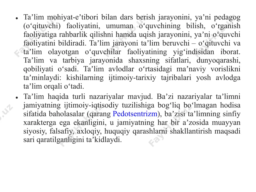 yangiliklar joriy etildi (qarang taʼlimning milliy modeli). taʼlim mazmuni uning maqsadiga muvofiq, ijtimoiy shart-sharoit, fan va texnika, sanʼat holati va shu kabini hisobga olgan holda belgilanadi. kasb-hunar kollejlari, oʻrta maxsus va oliy oʻquv yurtlaridagi taʼlimning mazmuniga umumiy maʼlumotdan tashqari muayyan kasb va mutaxassislik uchun zarur boʻlgan maxsus bilim, malaka va koʻnikmalar ham kiradi. taʼlim mazmuni oʻquv reja va dasturlari, darslik va boshqalarda yoritiladi. taʼlimda qoʻyilgan maqsadga erishish uchun turli metod, vosita, tashkiliy tizim va shakllar (maʼruza, suhbat, tajribalar oʻtkazish, koʻrgazmali qurollarni qoʻllash, kuzatish, mashq va shu kabi)dan foydalaniladi. oʻquv jarayonida texnik vositalar (kino, televideniye, radio, kompyuter, ehm va boshqalar)ni keng qoʻllash taʼlim metodini ishlab chiqishga katta taʼsir koʻrsatadi. 2.mustaqil ta’limni tashkil etishda keys stady. “кейс-стади” технологияси (инглиз тилида “cаsе” – тўплам, чемодан (чамадон), “study” – муаммоли вазият; вазиятли таҳлил ѐки муаммоли вазиятларни таҳлил қилиш) “кейс-стади” технологияси талабаларда аниқ, реал ѐки сунъий яратилган муаммоли вазиятни таҳлил қилиш орқали энг мақбул вариантларини …