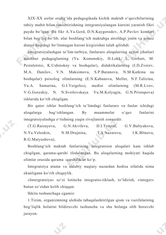‘lish, ajratish. ta’lim mazmunini intergratsiyalash-dunyo tendentsiyasi (g‘oya, fikr, intilish), integrativ yondoshishi turli darajadagi tizimli aloqalarning ob’ektiv yaxlitligili aks ettiradi. (tabiat-jamiyat-inson). integratsiya ilgari bo‘lishyan qismlarni bir butunga birlashtirish bilan bog‘liq. u tizim elementlarining yaxlitlik va uyushqoqlik darajasining oshirishga olib keladi. integratsiyalash mobaynida bir-biriga bog‘liqlik hajmi oshadi va tartibta tushadi, shu tizim qismlarniig ishlashi va o‘rganish ob’ektining yaxlitligi tartibga solinadi. bu umumiy qoidalarni qanday qilib maktab ta’limida qo‘llash mumkin? zamonzviy didaktik va metodikada ta’kidlanishicha, o‘quvchilarni o‘qitish, rivojlanishi va tarbiyasining muvoffaqiyatlari ularning dunyosining birligi haqida tushunchaning shakllanganligi, o‘z faoliyatlarini umumiy tabiat qonunlari asosida yo‘lga solish zaruriyatini tushunishlari. tabiatshunoslik kursida predmentlararo va predmetlar ichidagi aloqalarni yecha olishlari bilan bog‘liq. ta’limdagi integratsiya o‘quv predmetlari mazmunini konstruktsiyalashga tizimli yondoshish orqali ko‘rib chiqiladi. integratsiyaning turli darajalari ajratiladi: boshlang‘ich. tabiat haqidagi elementlar bilimlarni bkrlashtiradi; oraliq - predmetlar bo‘limlarini bo‘lish intergratsiyasi; yakuniy - tabiatshunoslikni o‘rganish bilam bog‘liq bo‘lgan talmmninng oxirgi bosqichi integratsiyasi. shu bilan birga, tabiiy-ilmiy ta’limini to‘liqroq va …