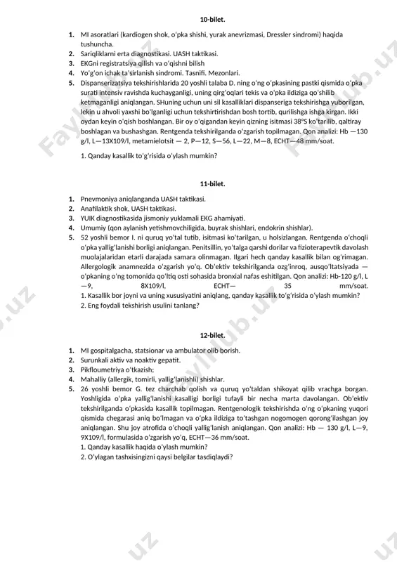 ineziyasi va xoletsistitni davolash va profilaktikasi. 5. 26 yoshli r. ismli futbolchi tez o‘ynagani natijasida havo etishmasligi bezovta qilib o‘yin maydonidan chiqib ketgan, nafasi hushtaksimon eshitilgan, ilgari hech kasal bo‘lmagan. ob’ektiv tekshirilganda ichki a’zolarida patologik o‘zgarishlar aniqlanmagan. spirogramma qilinganda bronxlar o‘tkazuvchanligi o‘zgarmagan. vrach o’nga futbol o‘ynamasligi kerakligini aytgan. 1. qanday kasallik to‘g‘risida o‘ylash mumkin? 2. kasallikni to‘g‘ri aniqlash uchun qanday tekshirish usullaridan foydalanish kerak? 7-bilet. 1. kasalxonadan tashqari va kasalxona ichi pnevmoniyalarini taqqoslama tashhislash. 2. pikfloumetriya o‘tkazish; 3. bronxoobstruksiya bilan kechadigan kasalliklarning differensial diagnostikasi. 4. me’da va 12-barmoq ichak yara kasalligini davolash va profilaktikasi. 5. tez yordam mashinasida 45-yoshli bemor d. kasalxonaga keltirilgan. kuchli havo yetishmasligidan shikoyat qilgan. bir necha yildan beri surunkali bronxit kasalligi bilan og‘riydi (yo‘taladi, ozgina harakat qilsa xansirab koladi). oxirgi ikki hafta davomida hansirash kuchaygan, ko‘krak qafasining o‘ng tomonida og‘riq paydo bo‘lgan. ob’ektiv tekshirilganda nafas olishi minutiga 32 marotabaga yetgan, lablari ko‘kargan. yurak urishi minutiga 100 …