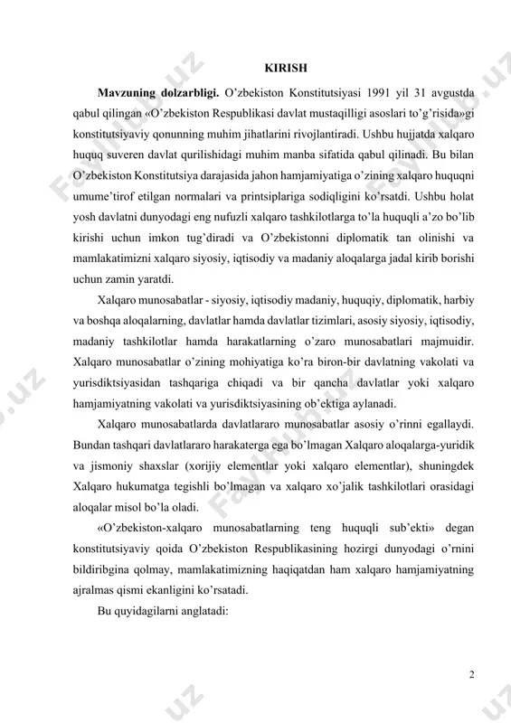 stitutsiyaviy qoida o’zbekiston respublikasining hozirgi dunyodagi o’rnini bildiribgina qolmay, mamlakatimizning haqiqatdan ham xalqaro hamjamiyatning ajralmas qismi ekanligini ko’rsatadi. bu quyidagilarni anglatadi: birinchidan, o’zbekiston suveren davlat sifatida zamonaviy xalqaro huquqni umume’tirof etilgan printsiplari va normalari va o’zi qo’shilgan xalqaro shartnomalar bilan bog’liq bo’lib, davlatimizning roziligisiz boshqa majburiyatlar zimmamizga yuklatilishi mumkin emas; ikkinchidan, o’zbekiston hududida davlat hokimiyati chegaralanmaydi va xalqaro huquqning hech qaysi bir sub’ekti bunga aralashish huquqiga ega emas, o’zining hududidan tashqarida u o’z hokimiyatini faqat boshqa manfaatdor davlat roziligi bo’lgandagina amalga oshirishi mumkin; uchinchidan, o’zbekiston xalqaro huquqning boshqa sub’ektlari bilan diplomatik aloqalarni amalga oshirib, ikki tomonlama va ko’p tomonlama xalqaro shartnomalarni tuzib, davlatlararo munosabatlarda bevosita qatnashadi[footnoteref:1]. [1: ўзбекистон республикаси конституциясига шарҳ. т.: ўзбекистон, 2001, 49-бет. ] konstitutsiya asosida o’zbekiston respublikasini xalqaro munosabatlarning teng huquqli sub’ekti ekanligini ko’rsatuvchi huquqiy asoslar yaratildi. quyidagilar tashqi aloqalar sohasida qabul qilingan asosiy hujjatlardir: 1996 yilda qabul qilingan «o’zbekiston respublikasining tashqi siyosiy faoliyatining asosiy printsiplari to’g’risida»gi …