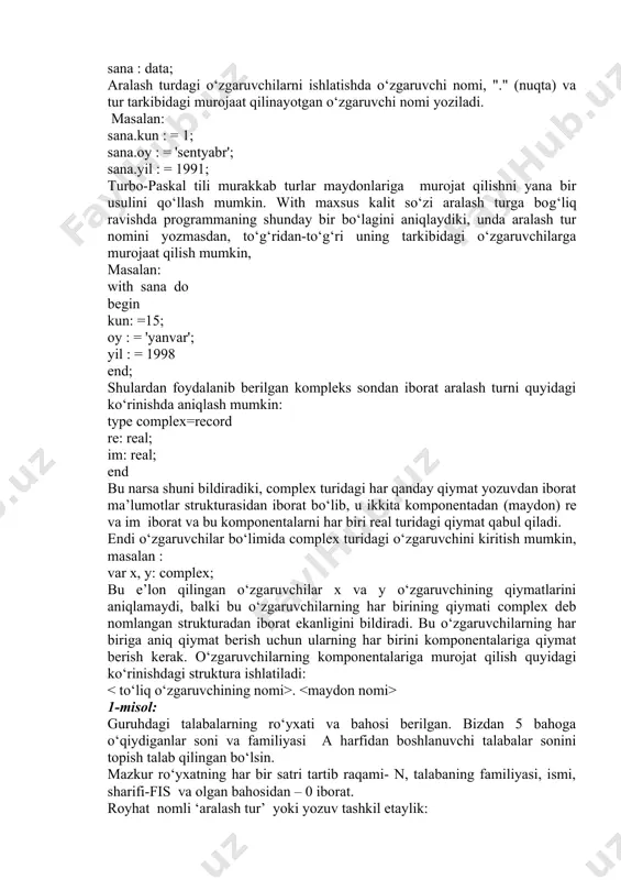 chi, ya'ni yozuv nomi fam, ocen, mat,inf, fiz yozuv elеmеntlari. foydalanilgan adabiyotlar ro’yxati. 1.abramov v.g., trifonov n.p., trifonova g.n. vvеdеniе v yazo`k paskal.-m.:nauka, 1988.-320s. 2.informatika va programmalsh.o’quv qo’llanma. mualliflar: a.a.xaldjigitov, sh.f.madraximov, u.e.adambayev, o’zmu, 2005 yil, 145 bet. 3.pascal tilida programmalash bo’yicha masalalar to’plami. o’quv qo’llanma. mualliflar: 4.a.a.xaldjigitov, sh.f.madraximov, a.m.ikromov, s.i.rasulov, o’zmu, 2005 yil, 94 bet. 5. abеl s.a.,zima е.v. nachala programmirovaniya na yazo`kе paskal.m:nauka,1987 6.pilshikov v.n. uprajnеniya po yazo`ku paskal-m.: mgu, 1986. 7.bryabrin v.m. programmnoе obеspеchеniе pеrsonalno`x evm. –m.: nauka.,1989.-272s. 8. www.ziyonet.uz