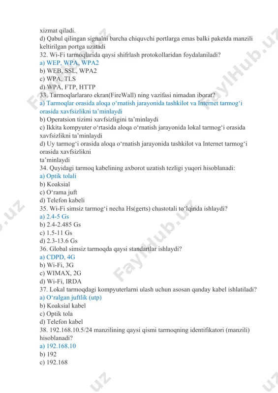 a ip manzillarni ajratadi d) ipv4 ni ipv6 ga o‘zgartiradi 49. ipv4 manzillar nechta sinfga ajratilgan? a) 5 ta (a,b,c,d,e b) 4 ta (i,ii,iii,iv) c) 2 ta (ichki va tashqi) d) 3 ta (yuqori, o‘rta, quyi) 50. wi-fi simsiz tarmoq standartini belgilang? a) 802.11n b) 802.2 c) 802.3 d) 802.15 51. axborotni eng kichik o‘lchov birligi nima deb ataladi? a) bit b) bayt c) megabayt d) gigabayt 52. amaliy sathda deyarli barcha xizmatlar qaysi sxema bo‘yicha ishlaydi? a) kompyuter-foydalanuvchi b) mijoz-server c) server-kompyuter d) mijoz-internet 53. asosiy maqsadi fayllarni bitta kompyuterdan boshqasiga o‘tkazish yoki fayllarni serverlardan mijozlarga va mijozlardan serverlarga ko‘chirish bo‘lgan protokol qaysi? a) smtp b) tftp c) http d) ftp 54. tarmoq sathida xabarlar nima deb nomaladi? a) kadr b) trafik c) protokol d) paket 55. kompyuter internetga ulanishi uchun albatta …… bo‘lishi kerak? nuqtalar o‘rniga berilgan so‘zni toping. a) brauzer b) ip manzil c) bosh veb-sahifa d) …