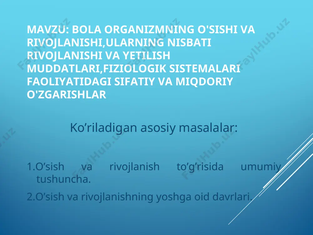 ak-tomir sistemasining to’qimalari paydo bo’ladi. uchunchi oydan homila davri boshlanadi. homila tez o’sadi va massasi ortib borib, tug’ilish vaqtiga kelib, o’g’il bolalarniki o’rta hisobda 3400 g ni, qiz bolalarniki 3250 g ni tashkil etadi. uchunchi oy oxirida muskullar shakillanadi, harakatlar paydo bo’lib, ular to’rtinchi oy oxirida ancha sezilarli bo’ladi. hayotining 28-haftasida homila ona organizmidan tashqarida yashashga layoqatli bo’ladi, biroq juda kichik: bo’yi 355 mm va massasi 1300 g bo’ladi. ona qornidagi hayot o’rtacha 280 kun (40 hafta) davom etadi. tug’ilish vaqtiga kelib, teri osti to’qimalari, boshidagi soch qoplami shakillanadi, yurak-tomir, nerv, ayiruv sistemalari, o’pka, buyrak oldi va birlamchi buyrak o’rnida uzil-kesil shkillangan buyrak, qalqonsimon bez, buyrak usti bezlari, me’da osti bezi, me’da-ichak yo’llarining barcha bo’limlari ishlay boshlaydi. qon hosil qilish funksiyasini jigar emas, balki suyak kumigi bajaradi. akseliratsiya-terminini 1935 yilda nemis vrachi r.kox taklif qilgan, u lotincha tezlashuv ma’nosini anglatadi. irsiyat-tirik organizmlarning o’zidan keyingi nasliga o’ziga xos belgilarni qoldirish xususiyati …