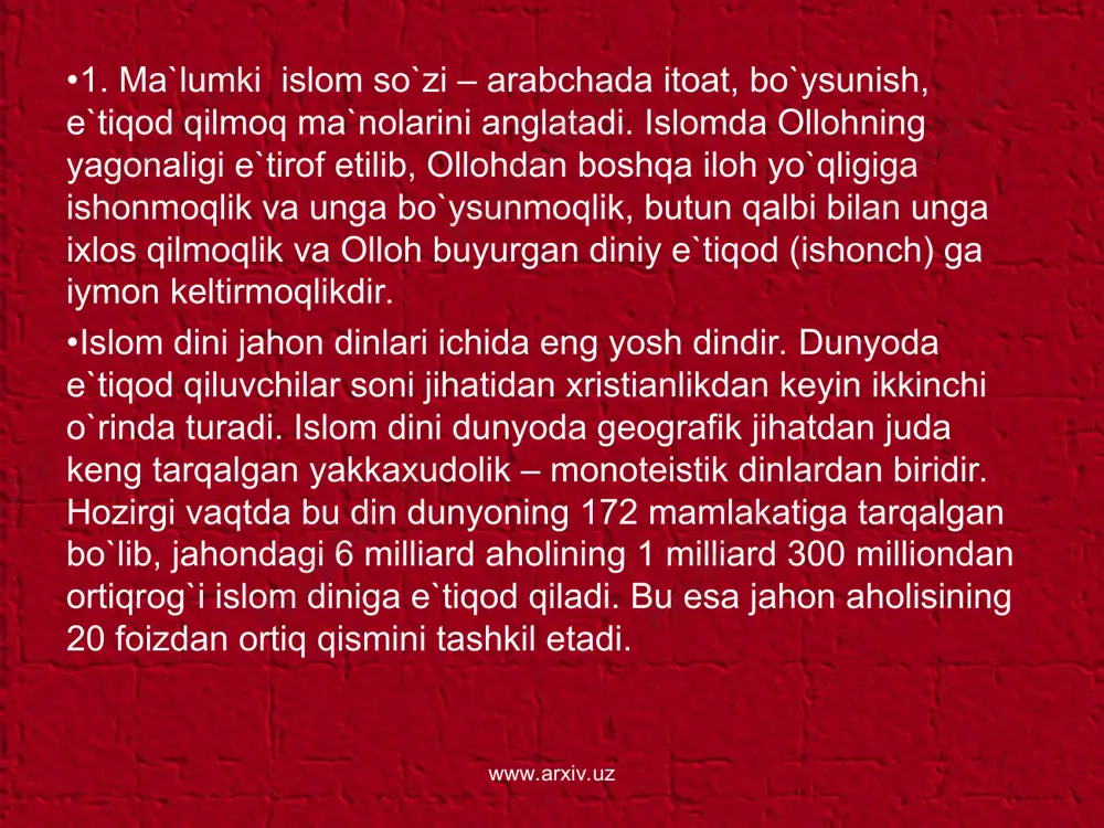 harakatlari misolida yaqqol ko`rish mumkin (ma`rifat gazetasi, 1999 yil, 24 iyun). www.arxiv.uz www.arxiv.uz www.arxiv.uz www.arxiv.uz ». prezidentimiz i.karimov oliy majlisning 1999 yil 14 aprelidagi sessiyasida, «o`zbekiston xxi asrga intilmoqda» deb nomlangan ma`ruzasida qo`yidagilarni alohida ta`kidladilar: «16 fevral kuni toshkentda ro`y bergan fojiali voqealar ko`p narsalarga ko`zimizni ochib berdi, demak, o`ylaymizki sizlar mening bu fikrimga qo`shilasiz. biz o`zimizning achchiq tajribamizdan o`zbekiston mustaqilligiga haqikiy havf-hatarlar borligiga qayta - qayta amin bo`lmoqdamiz. bunday kirdikorlardan maqsad, mamlakatimizdagi ijtimoiy-siyosiy barqarorlikni, fuqarolar va millatlararo totuvlikni izdan chiqarishga o`rinishdir. boshqacha aytganda, bundan maqsad xalqimizning farovon hayot qurishga bo`lgan intilishlarini izchil rivojlantirishimiz va jahon hamjamiyatiga qo`shilish yo`lidagi ezgu niyatlarimiz poydevorini barbod etishdan iboratdir. ana shu fojeali voqealarning asosiy sabablari haqida to`xtalar ekanman, men shularni e`tiboringizni ochiqdan-ochiq turgan ikkita havf-hatarga qaratmoqchi edim: birinchidan, mamlakat tashqaridagi tajovuzkor aqidaparast kuchlar islom dini xalqimiz uchun muqaddas qadriyat ekanidan foydalanib, o`zbekistonni demokratik, ma`rifiy taraqqiyot yo`lidan og`dirishga intilmoqdalar. www.arxiv.uz www.arxiv.uz www.arxiv.uz www.arxiv.uz «ayni zamonda, …