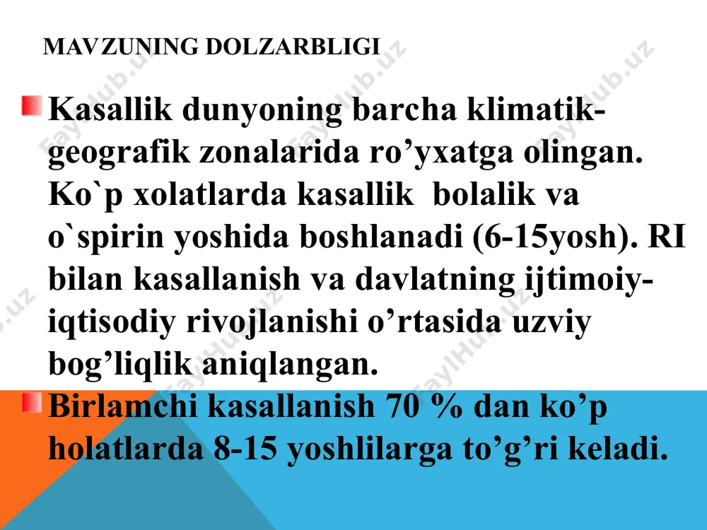 antitanalar ishlab chiqarilishiga olib keladi. gumoral va hujayraviy immunitet buzilishi asl-o, asg, ask, disimmuniglobulinemiya, b-limfositlar miqdori oshishi va t- limfositlar miqdori kamayishi bilan ifodalanadi, bazofillar faoliyati buziladi, gistamin, serotonin, bradikinin kabi yallig’lanish mediatorlari ishlab chiqariladi. immun yallig’lanish jarayoni biriktiruvchi to’qimani zararlaydi. o’ri rivojlanishi quyidagi omillar bilan aniqlanadi: • miokardning a guruhdagi β-gemolitik streptokokkning «kardiotrop» fermentlari bilan to’g’ridan-to’g’ri toksik zararlanishi (o va s streptolizinlar, streptokinaza va gialuronidaza, dezoksiribonukleaza b va boshq.); • streptokokklarga qarshi antitanalar (antistreptolizin-o (asl-o), antistreptogialuronidaza (asg), antistreptokinaza (ask), antidezoksiribonukleaza b (anti-dnkaza b) yuqori titrlarda) ishlab chiqarilishiga olib keluvchi a guruhdagi β-gemolitik streptokokkning makroorganizm to’qimalari antigenlari bilan kesishib ta’sirlanuvchi antigenlariga qarshi immun javob («molekulyar mimikriya fenomeni») rivojlanadi. • m-protein molekulalarida makroorga-nizmning miozin, sinoviy, bosh miya kabi turli to’qimalari bilan o’zaro ta’sirlanuvchi antigen determinantlari (epitoplar) mavjud. bular miokard, bosh miya, sinovial qobiqlar komponentlari bilan o’xshashlikka ega. m-protein autoimmunitet effektini indusirlovchi superantigen xususiyatiga ega. orttirilgan autoimmun javob o’z navbatida a guruhdagi …