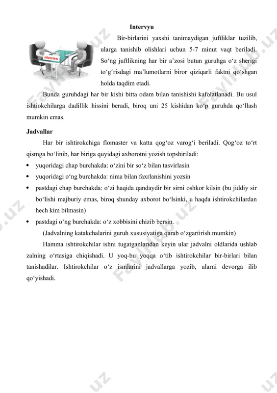 chakda: oʻzini bir soʻz bilan tasvirlasin · yuqoridagi oʻng burchakda: nima bilan faxrlanishini yozsin · pastdagi chap burchakda: oʻzi haqida qandaydir bir sirni oshkor kilsin (bu jiddiy sir boʻlishi majburiy emas, biroq shunday axborot boʻlsinki, u haqda ishtirokchilardan hech kim bilmasin) · pastdagi oʻng burchakda: oʻz xobbisini chizib bersin. (jadvalning katakchalarini guruh xususiyatiga qarab oʻzgartirish mumkin) hamma ishtirokchilar ishni tugatganlaridan keyin ular jadvalni oldlarida ushlab zalning oʻrtasiga chiqishadi. u yoq-bu yoqqa oʻtib ishtirokchilar bir-birlari bilan tanishadilar. ishtirokchilar oʻz ismlarini jadvallarga yozib, ularni devorga ilib qoʻyishadi. image3.jpeg image1.jpeg image2.jpeg