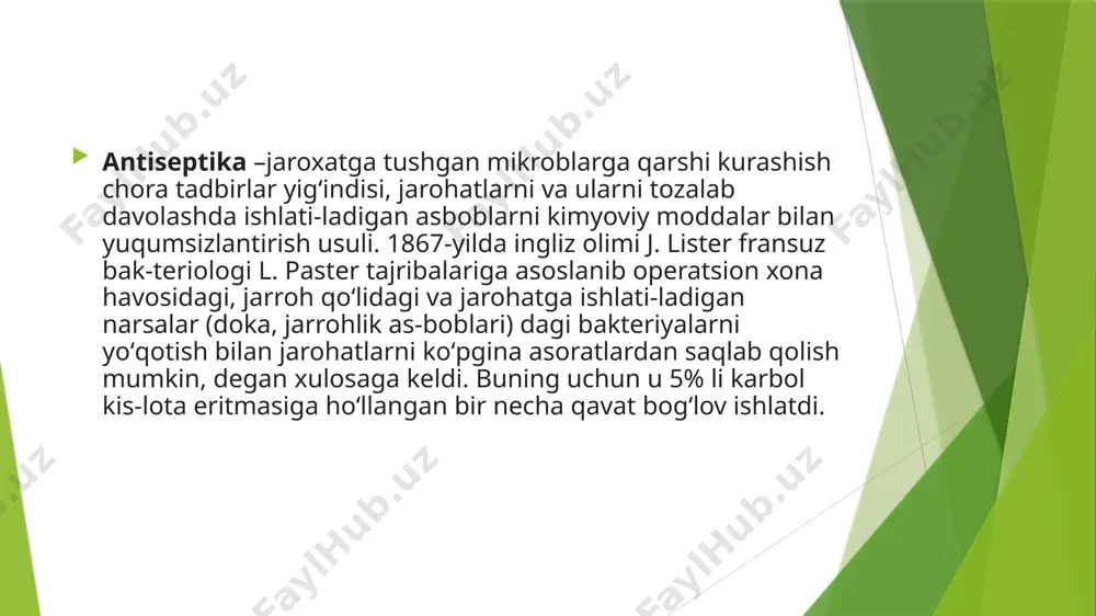 va antibiotiklar ta ’sirida bemorning himoya kuchlarini oshiradigan, jaro h a tla rd a infeksiyaning rivojlanishini to'jctatuvchi antiseptik xususiyatlari bo'lgan davolash vositalari (maxsus vaksina va immun zardoblar, anatoksinlar, immunoglobulinlar, qon va plazm a quyish va b.) faoliyatidan paydo bo'lgan m oddalar orqali boshqalarga ta ’sir qilish (antibiotiklar, bakteriofaglar va proteolitik fermentlar) dan iborat. image1.jpeg image2.jpeg