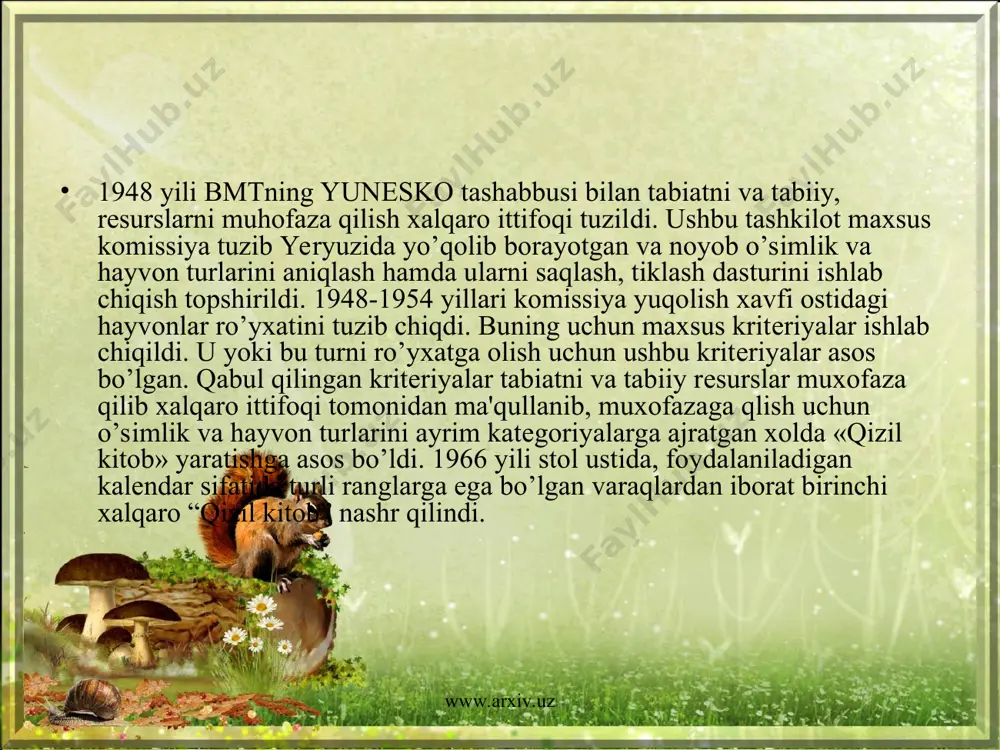 motlar bayon etilgan. shunday qilib, «qizil kitob»ning moxiyati shundaki, ular nabotot va xayvonot olamining noyob, yo’qolib kеtish xavfi ostidagi turlar haqida ma'lumot bеruvchi xuj­jatdir. uning vazifasi jamoatchilik va davlat ijroiya muas­sasalarini tabiatni muxofazasi muammosiga jalb etishda va turlar gеnofondini saqlab qolishga ko’maklashishdan iborat. www.arxiv.uz www.arxiv.uz o’zbеkiston “qizil kitobi” ga kiritilgan noyob (yo’qolish havfi bo’lgan) hayvon turlarining ro’yhati www.arxiv.uz sutemizuvchilar uzun dumli suv burguti gеpard, qoplon qoplon irbis qoraquyruq, jayron ko’k sug`ur qoraquloq katta shomshapalak qo’ng`ir ayiq ustyurt qo’yi, arkal hindaslxo’r xongul qushlar shalpangquloq ko’rshapalak bizg`aldoq qizilqum yovvoyi qo’yi birqozon o’rta osiyo qunduzi cho’l burguti malin qizil g`oz mapxo’r qirinqora www.arxiv.uz www.arxiv.uz mitti qo’shoyoq qirg`iy, burgut olako’zan qulon-baur silovsin qum chumchug`i sirtlon kumoy tojik yoki buxoro qo’yi sudralib yuruvchilar tyanshan qo’yi, arxar qushlar kapchabosh ilon boltayutar xеntog qurbaqasi burgut shtraux qurbaqasi jingilador, birqozon chipor ilon burgut echkеmar itolg`i baliqlar yo’rg`a tuvaloq kichik burgut bahri baliq kichik oqqush kichik kurakburun balig`i laylak …