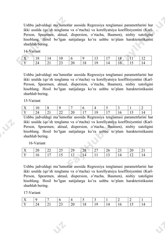 rakteristikasini sharhlab bering. 16-variant x 20 22 25 29 28 27 26 23 20 21 y 16 17 15 12 14 11 13 14 12 14 ushbu jadvaldagi ma’lumotlar asosida regressiya tenglamasi parametrlarini har ikki usulda (qo’sh tenglama va o’rtacha) va korellyatsiya koeffitsiyentini (karl- person, spearmen, aktual, dispersion, o’rtacha, baumen), nisbiy xatoligini hisoblang. hosil bo’lgan natijalarga ko’ra ushbu to’plam harakteristikasini sharhlab bering. 17-variant x 9 7 6 4 5 3 1 2 2 1 y 24 21 23 20 18 19 14 16 15 14 ushbu jadvaldagi ma’lumotlar asosida regressiya tenglamasi parametrlarini har ikki usulda (qo’sh tenglama va o’rtacha) va korellyatsiya koeffitsiyentini (karl- person, spearmen, aktual, dispersion, o’rtacha, baumen), nisbiy xatoligini hisoblang. hosil bo’lgan natijalarga ko’ra ushbu to’plam harakteristikasini sharhlab bering. 18-variant x 27 28 26 23 21 20 25 27 26 22 y 17 14 15 16 11 13 14 12 10 9 ushbu jadvaldagi ma’lumotlar asosida regressiya tenglamasi …