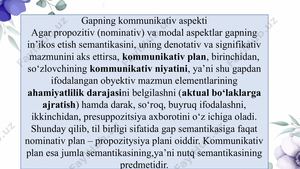 v fikricha, o‘rta osiyo filologlari, xususan, zamaxshariy asarida ham bu hodisa ma’lum bo‘lgan. aktual bo‘linish qismlarini ifodalash uchun maxsus terminlar qo‘llangan: mavzu (tema), mahmul (rema). xix asrning mashhur nemis olimi g.fon de gabelens ushbu hodisani ruhiy aspektda o‘rganib, so‘zlovchi ongida hosil bo‘ladigan tasavvur bog‘lanishiga e’tibor beradi. nutq predikati sifatida ishtirok etadigan birinchi tasavvur “ruhiy subyekt”, “ruhiy subyekt” haqida ma’lumot beradigan ikkinchi tasavvur “ruhiy predikat” bo‘ladi, deydi. g.paul ham ushbu hodisa yuzasidan shunga o‘xshash fikr yuritadi. u “ruhiy ega”, “ruhiy kesim” terminlaridan foydalangan holda, jumlada eng nuhim gap bo‘lagi mantiqiy urg‘u ostida bo‘lgan ruhiy kesim ekanligini aytadi. u karl ertaga berlinga ketadi gapidagi 4 gap bo‘lagidan har biri ma’lum-noma’lumlik belgisiga ko‘ra ruhiy kesim bo‘lib kelishi mumkinligini ta’kidlaydi. mantiqiy urg‘u ostidagi bo‘lak ruhiy kesim bo‘ladi va u noma’lum narsa haqida yangi ma’lumot berishini aytadi bu masala mashhur rus tilshunoslari f.f.fortunatov, a.m.peshkovskiy, a.v.shcherba, v.v.vinogradov asarlarida ham ma’lum darajada aks etdi. f.f.fortunatov fikricha, ruhiy …