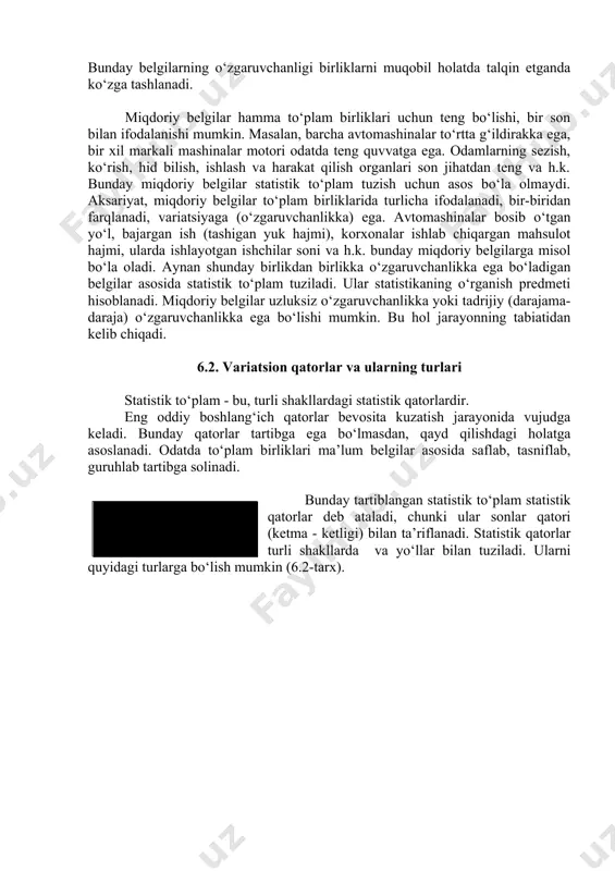 stik qatorlar turli shakllarda va yo‘llar bilan tuziladi. ularni quyidagi turlarga bo‘lish mumkin (6.2-tarx). 6.2- tarh. statistik qatorlarning turlari. taqsimot qatorlari de-ganda to‘plam birliklarini ma’lum belgilar asosida guruhlarga (qismlarga) bo‘linishi tushuniladi. o‘rganilayotgan obyektlarni tasniflash usuliga qarab statistik qatorlar ikki turkumga ajraladi:biri-taqsimot qatorlari, ikkinchisi- dinamika qatorlari. statistik to‘plam birliklarini ma’lum holatga (paytga) nisbatan yoki vaqt oralig‘i davomida kuzatib, ularni biror belgi asosida tasniflash natijasi taqsimot qatorlari deb yuritiladi. dinamika qatori – bu hodisani vaqt bo‘yicha o‘zgarishini ko‘rsatuvchi sonlar qatoridir. statistik to‘plam birliklarini uzoq vaqt davomida kuzatib, davrlar yoki vaqt paytlari bo‘yicha tasniflash mumkin. bu holda vujudga keladigan qator dinamika qatori deb ataladi, chunki u o‘rganilayotgan jarayon dinamikasini tasvirlaydi. taqsimot qatorining asosiy unsuri varianta, dinamika qatoriniki esa daraja deb yuritiladi. demak, taqsimot qatorlari-bu, variantalar ketma-ketligi bo‘lsa, dinamika qatorlari vaqt oraliqlariga tegishli darajalar ketma-ketliklaridir. to‘plam birliklarini tasniflash asosi qilib qanday belgi olinishiga qarab taqsimot qatorlari ikki turga ajraladi. bunday belgi sifatida atributiv ya’ni …